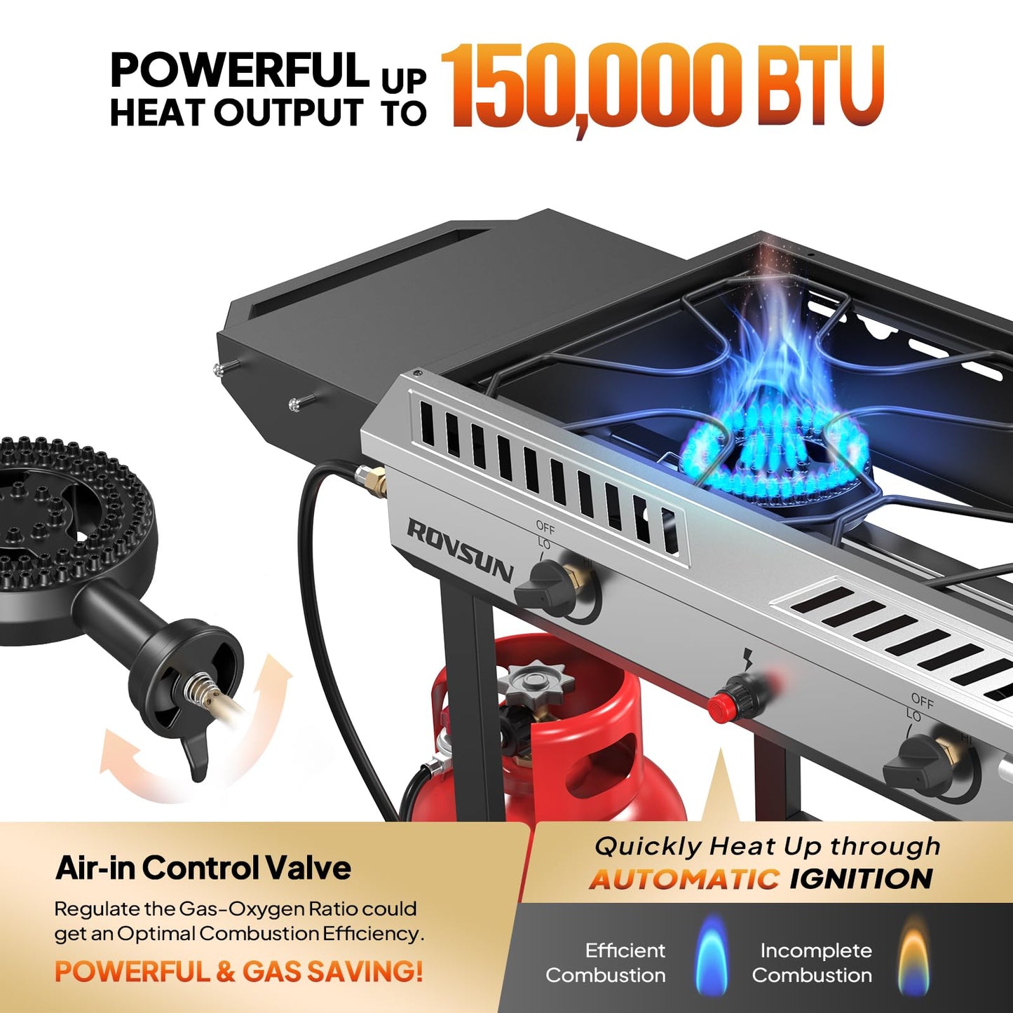 ROVSUN 2 Burner Outdoor Propane Gas Stove with Auto-ignition, Regulator & Side Shelves, 150,000 BTU Powerful Stand Cooker for Backyard Patio Cooking Home Brewing Canning Turkey Frying