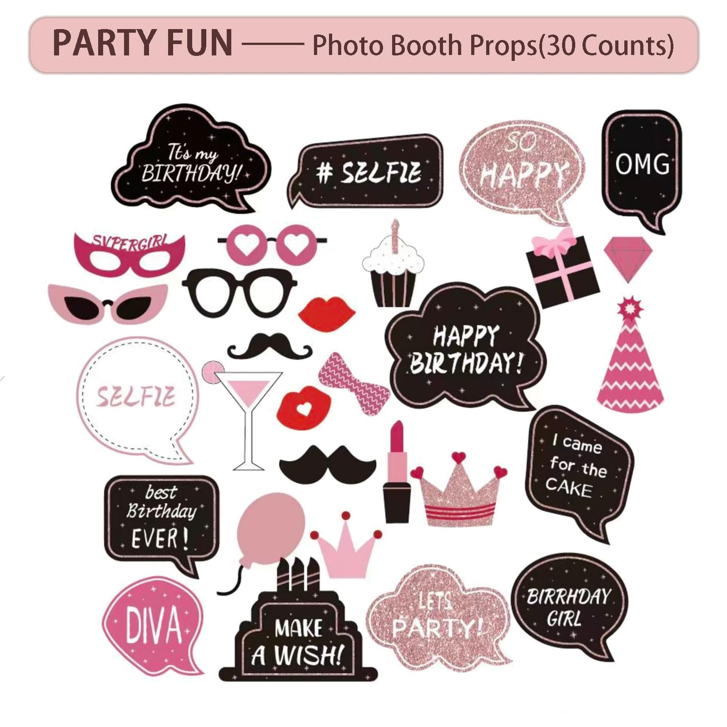 UJoyant Birthday Decorations For Women, 229 Pcs Rose Gold and Black Happy Birthday Supplies - Disposable Dinnerware Set with 25 Guest, Balloons, Sash, Tiara, Banner, Fringe Curtain, Photo Booth Props