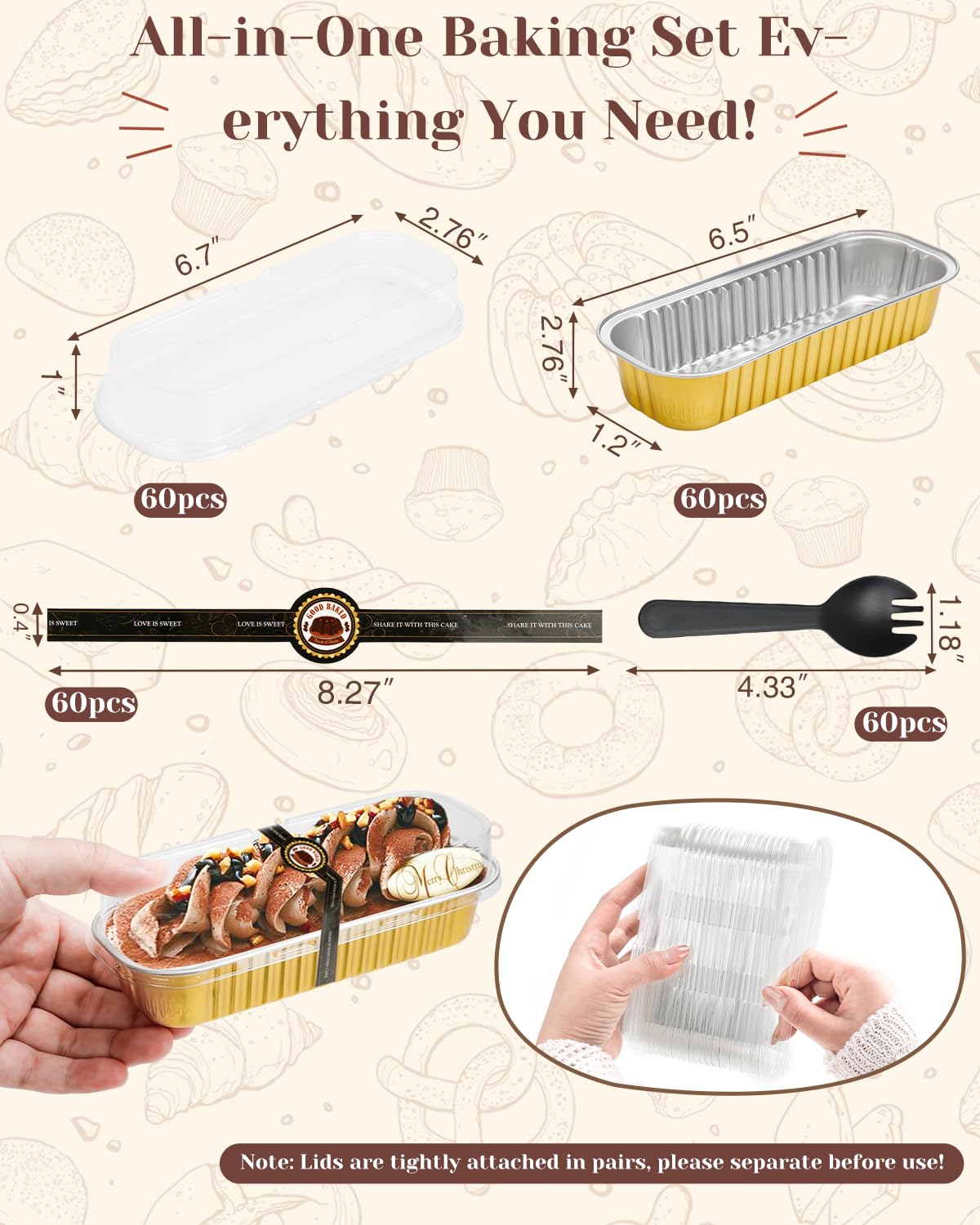 YQER 100 Pack Mini Loaf Pans with Lids, Spoons & Stickers โ Disposable Aluminum Foil Baking Cake Containers for Oven, Air Fryer & Freezer โ Ideal for Cakes, Bread, Pudding, Parties & Gifting, Gold