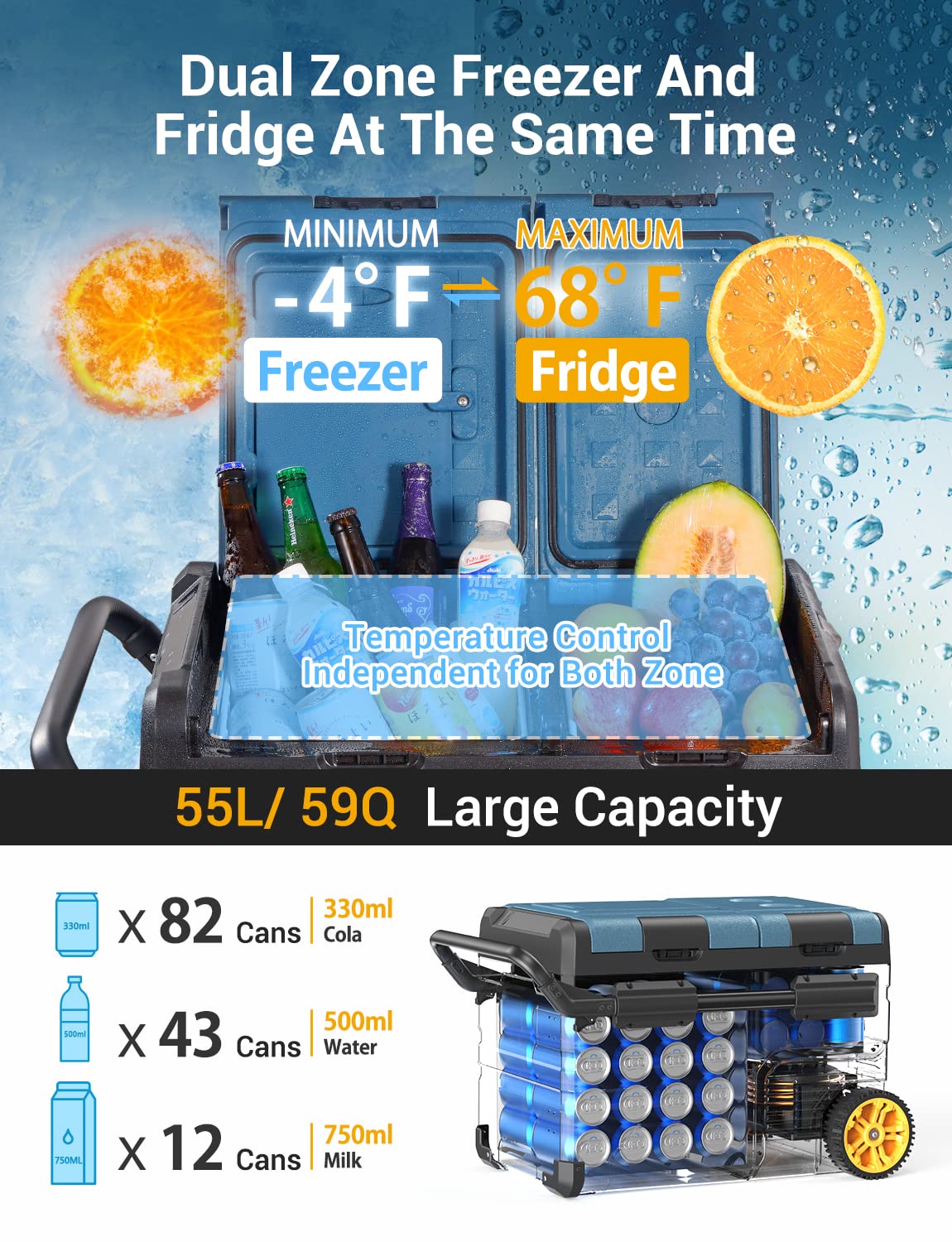Rock&Rocker 12 Volt Car Refrigerator,59 Quart (55L) 12v Portable refrigerator,Car Fridge Freezer, -4โ-68 Car Cooler 12/24V DC and 100-240V AC for RV, Outdoor Camping APP Control