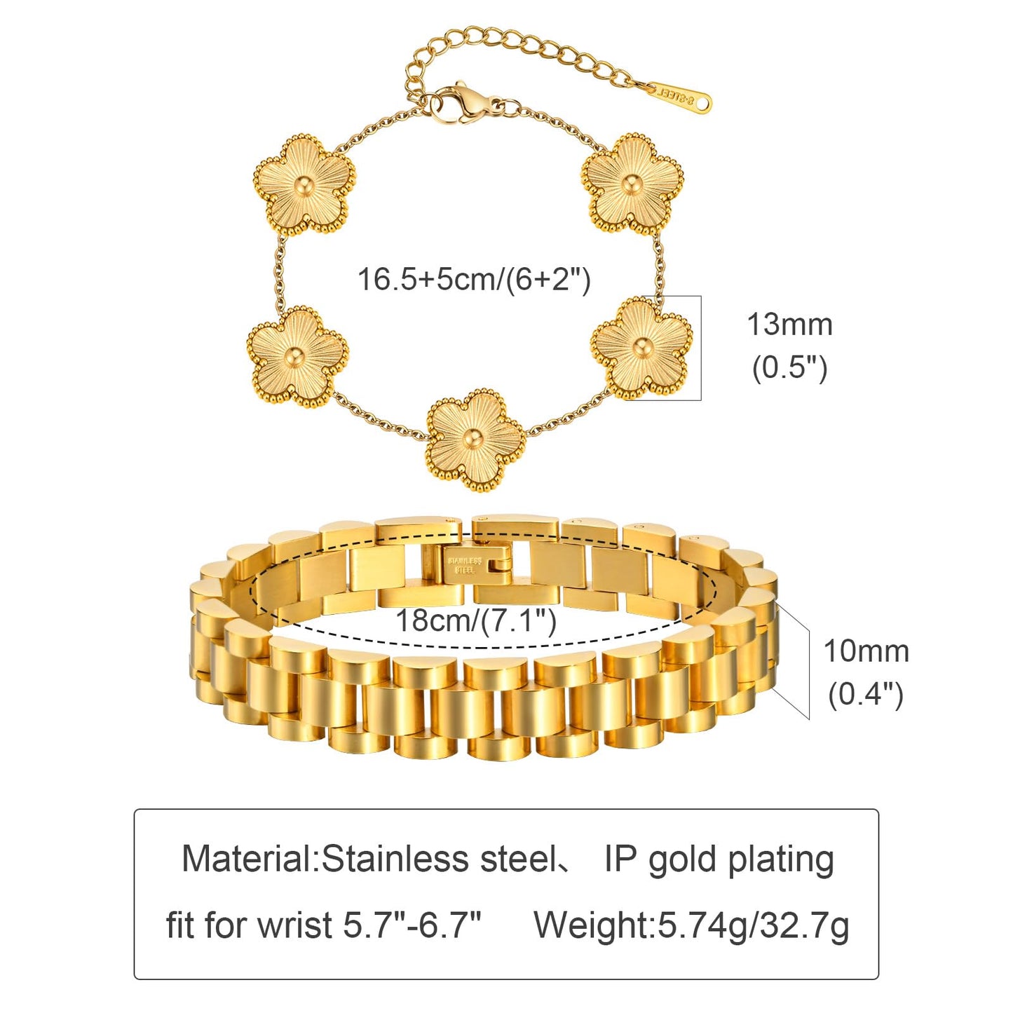Stackable Gold Floral Bracelets Set , 2pcs 18K Gold Plated Bracelet Non-Tarnish,Stainless Steel Link Chain Friendship Bracelet,Watch Band Trendy Jewelry,Christmas Valentines Birthday Gifts for Women