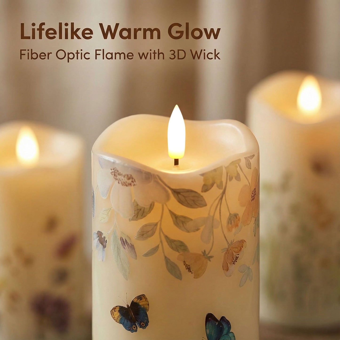 Eywamage Fiber Optic Flameless Pillar Candles with Remote Set of 3, Butterfly Floral Spring LED Candles Battery Operated Gift Φ 3" H 6"""