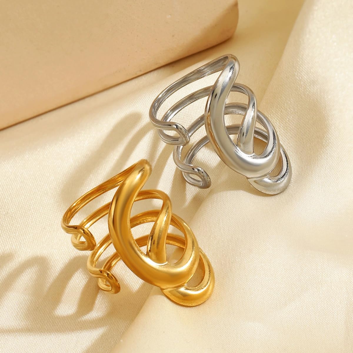 AIETUE Chunky Rings For Women, Gold Silver Thumb Ring Asymmetrical Wavy Curve Ring Adjustable Non Tarnish Dainty Stainless Steel New Year Anniversary Birthday Jewelry Gift (Trendy Silver#4)