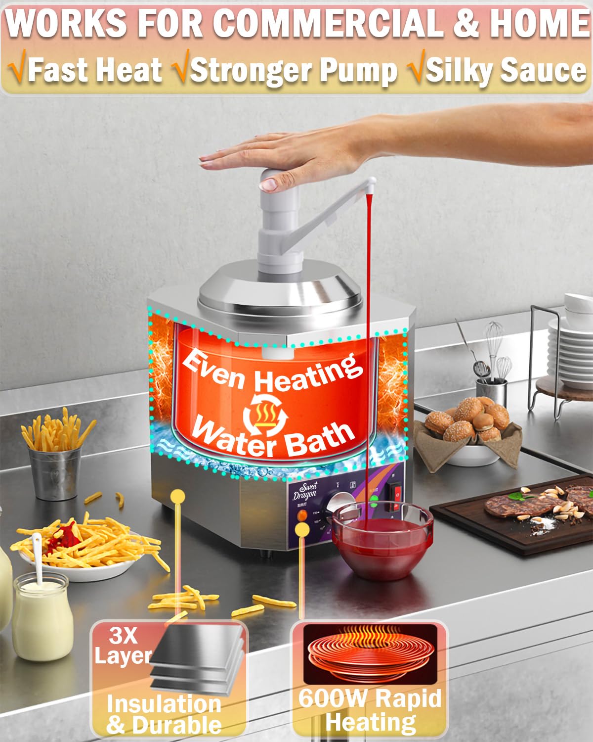 Nacho Cheese Dispenser, 2.8Qt Nacho Cheese Dip Warmer with Pump, Hot Fudge Warmer with 9-Level Temperature Adjustment, Commercial Sauce Dispenser Machine for Queso para Nachos, Caramel Syrup Pumps