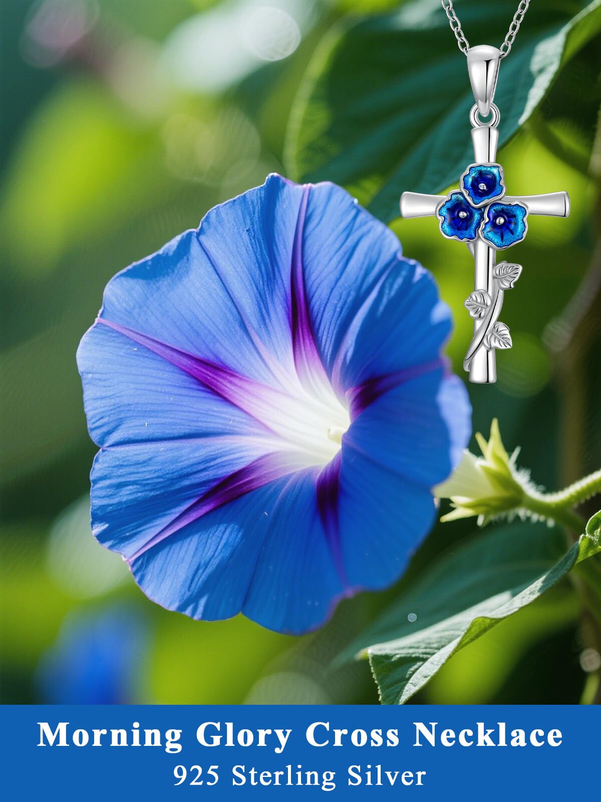 Cargari 925 Sterling Silver Morning Glory Cross Necklace for Women Blue Morning Glory Flower Pendant Necklace Religious Floral Jewelry Gift