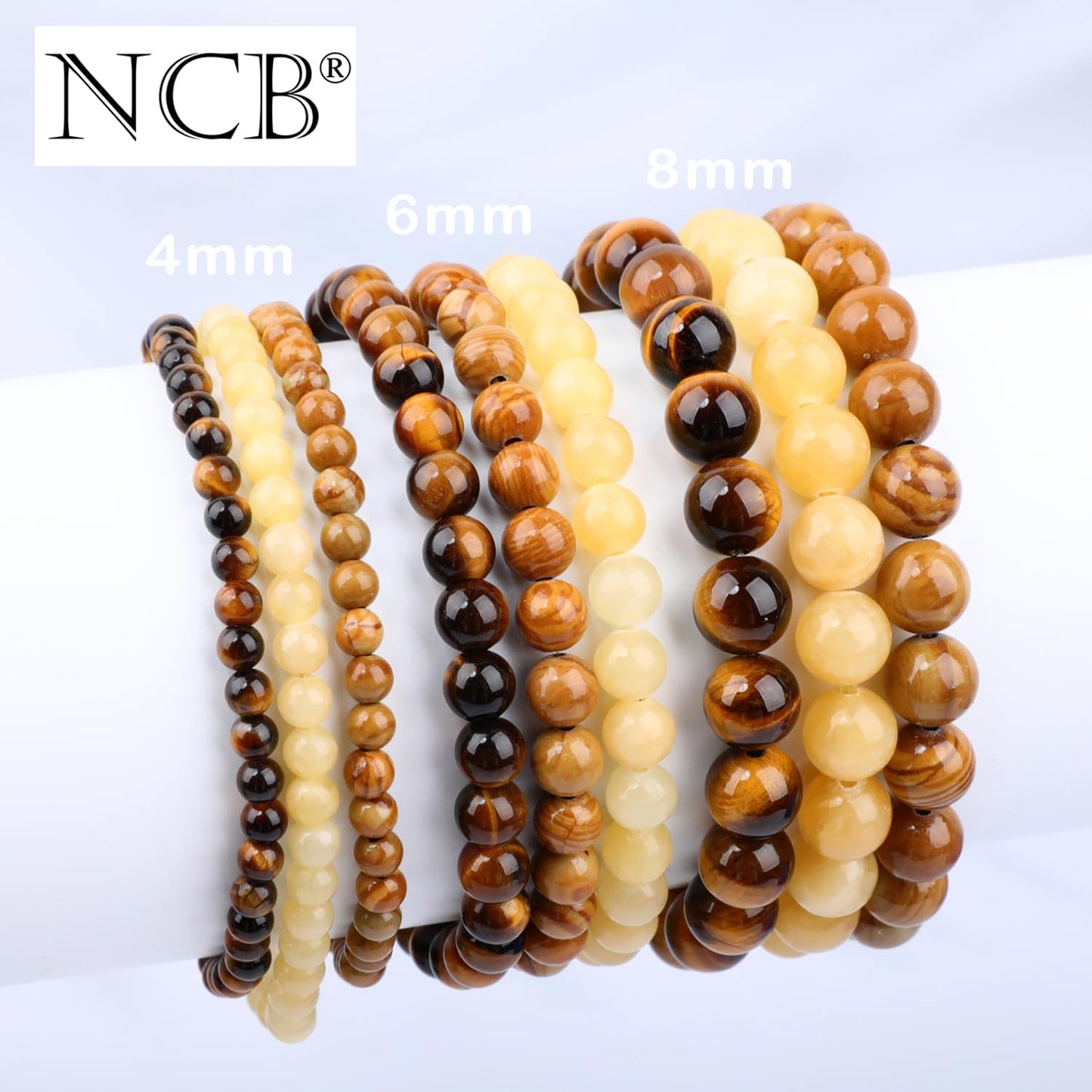 NCB 3-Piece 8mm Natural Crystal Gemstone Stretch Bracelets – Woodgrain Jasper, Yellow Jade, Yellow Tiger's Eye Handmade Reiki Energy Healing Jewelry for Meditation,Yoga, Unisex