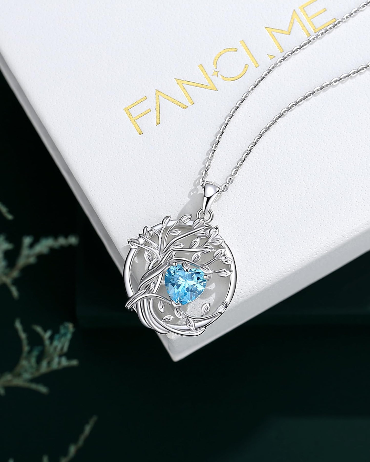 FANCIME Tree of life Birthstone Necklace for Women Sterling Silver Tree Jewelry Aquamarine Pendant March Birthstone Blue Gemstone Anniversary Birthday Christmas Gifts for Wife Mom Her