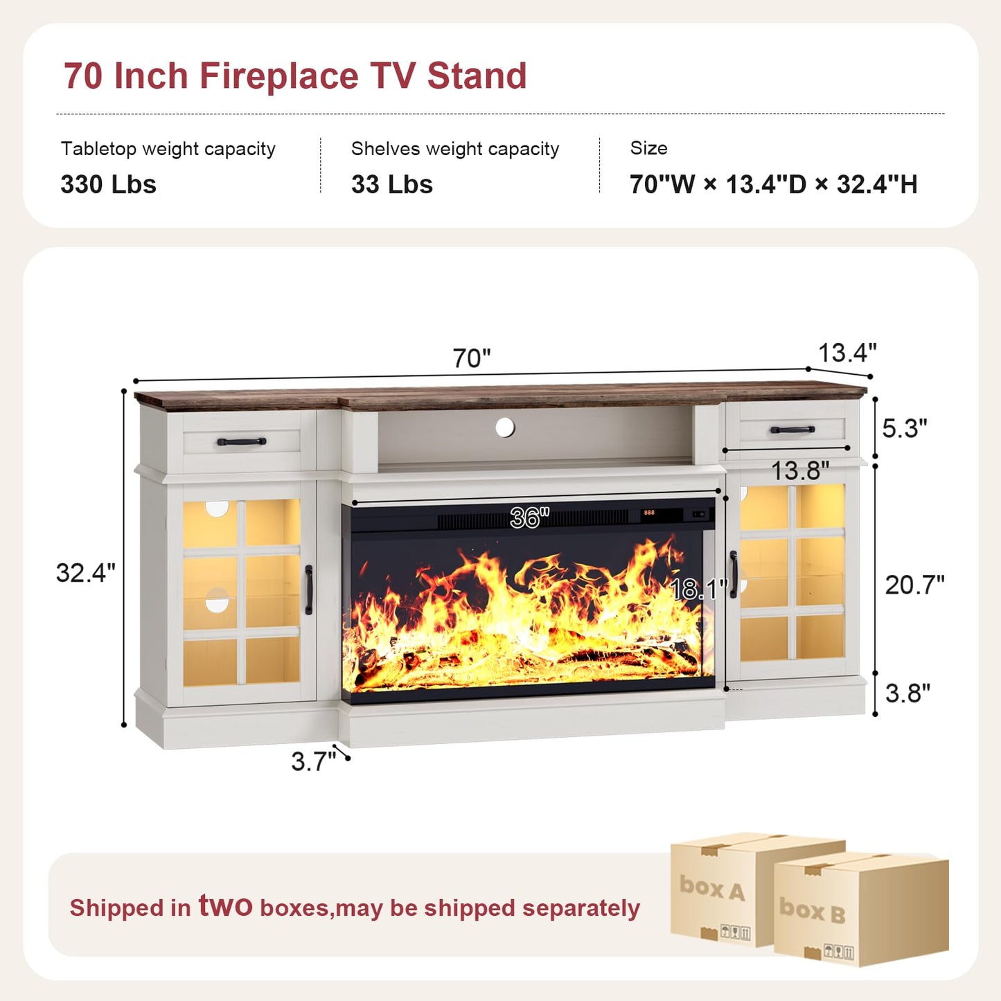 MXV 70" Fireplace TV Stand, 3-Sided Glass Fireplace and Modern Entertainment Center, Wooden Media Console with Glass Doors & Storage Drawers, LED Light, for Living Room, White