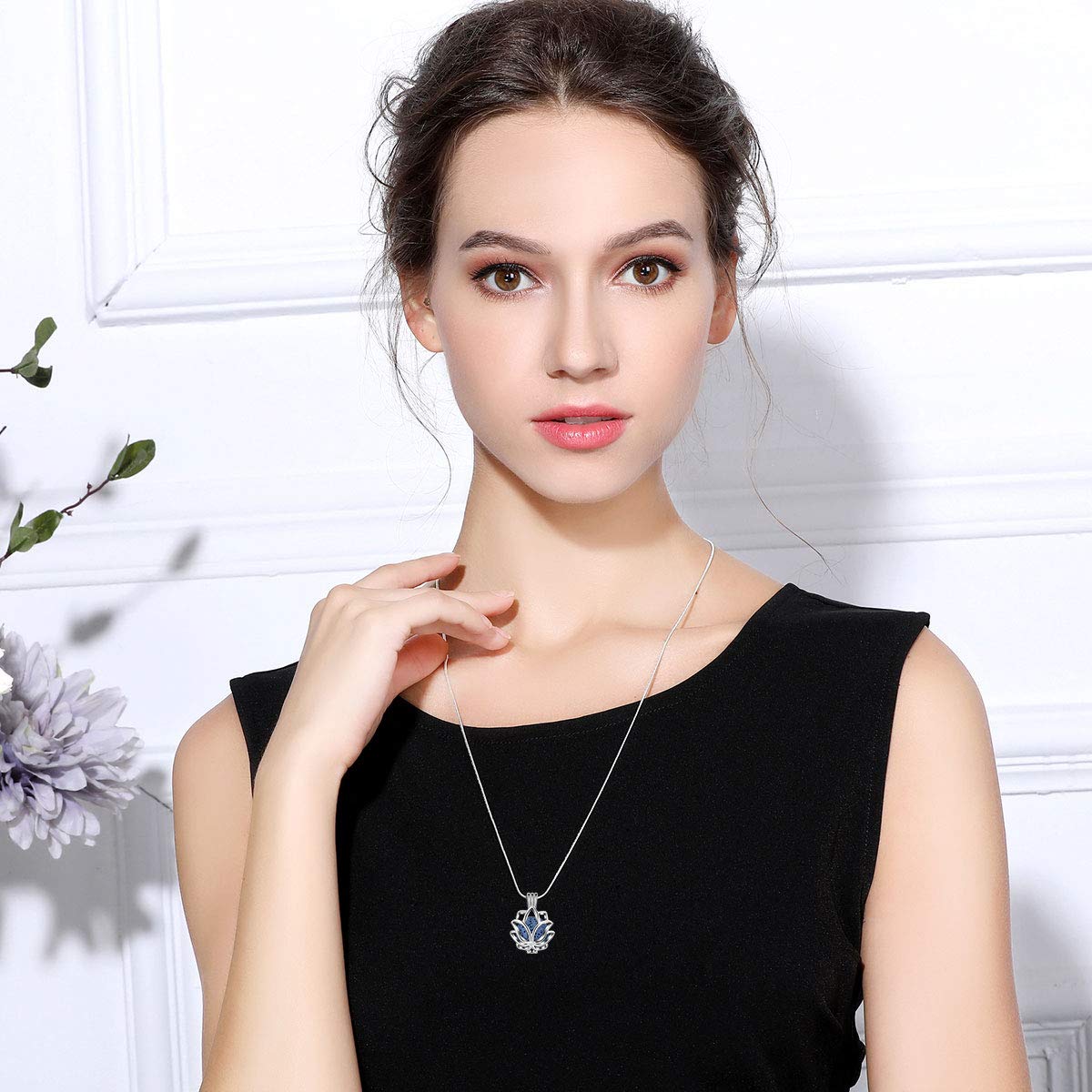 INFUSEU Essential Oil Diffuser Necklace Aromatherapy Jewelry for Women TeenGirls, Small Lotus Flower Pendant, 7 Lava Rock Stones, 24" Snake Chain
