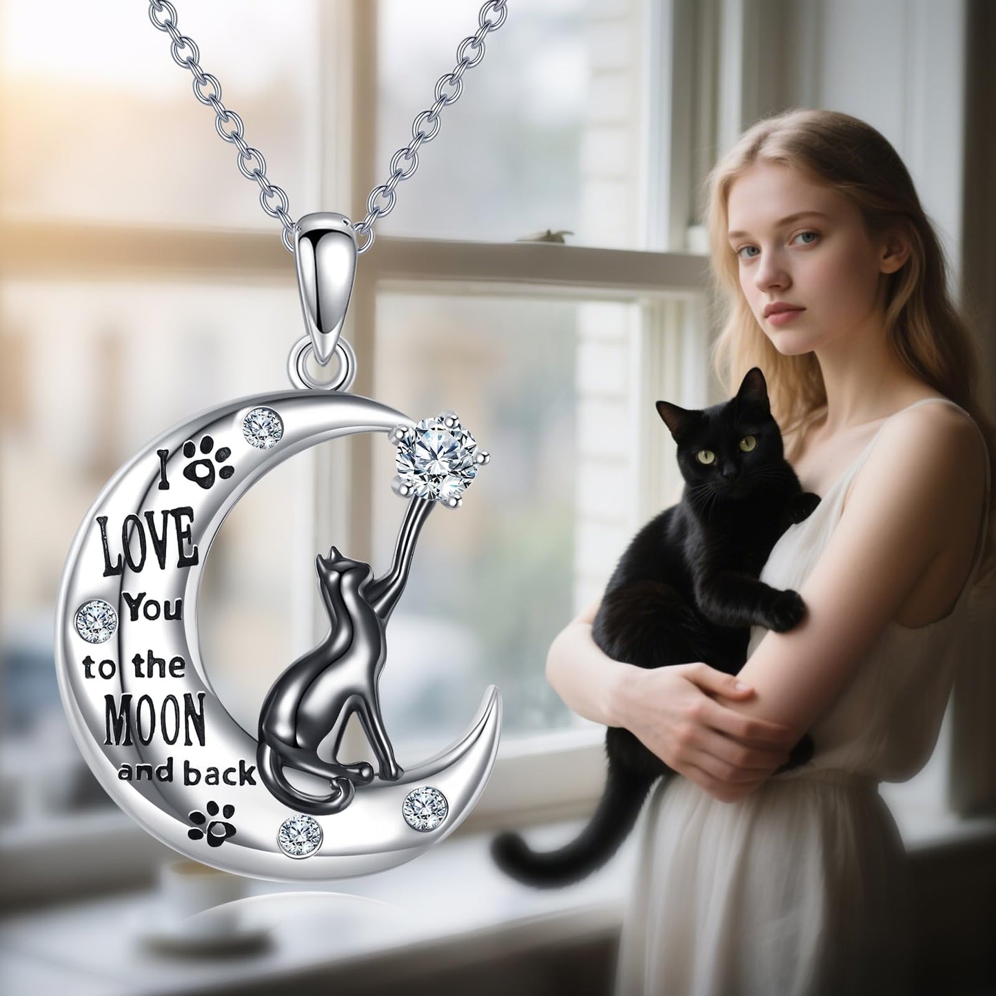 SOACAE Moissanite Cat Necklace 925 Sterling Silver I Love You To The Moon And Back Pendant 0.3ct Lab Created Moissanite Jewelry Black Cat Gifts for Women