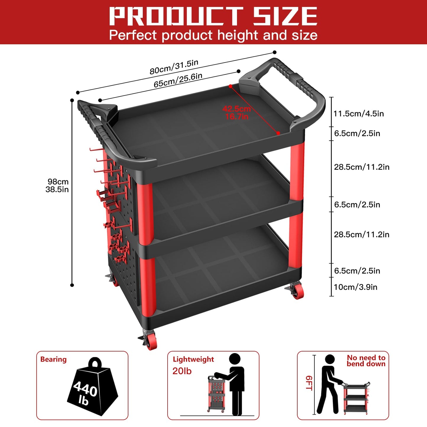 AIRAJ Rolling Utility Cart | 3-Tier Utility Cart on Wheels | Mechanic Rolling Tool Cart on Wheels | Detailing Carts | Work Carts for Garages,Warehouses,Repair Shops | with Pegboard | 440 Lbs