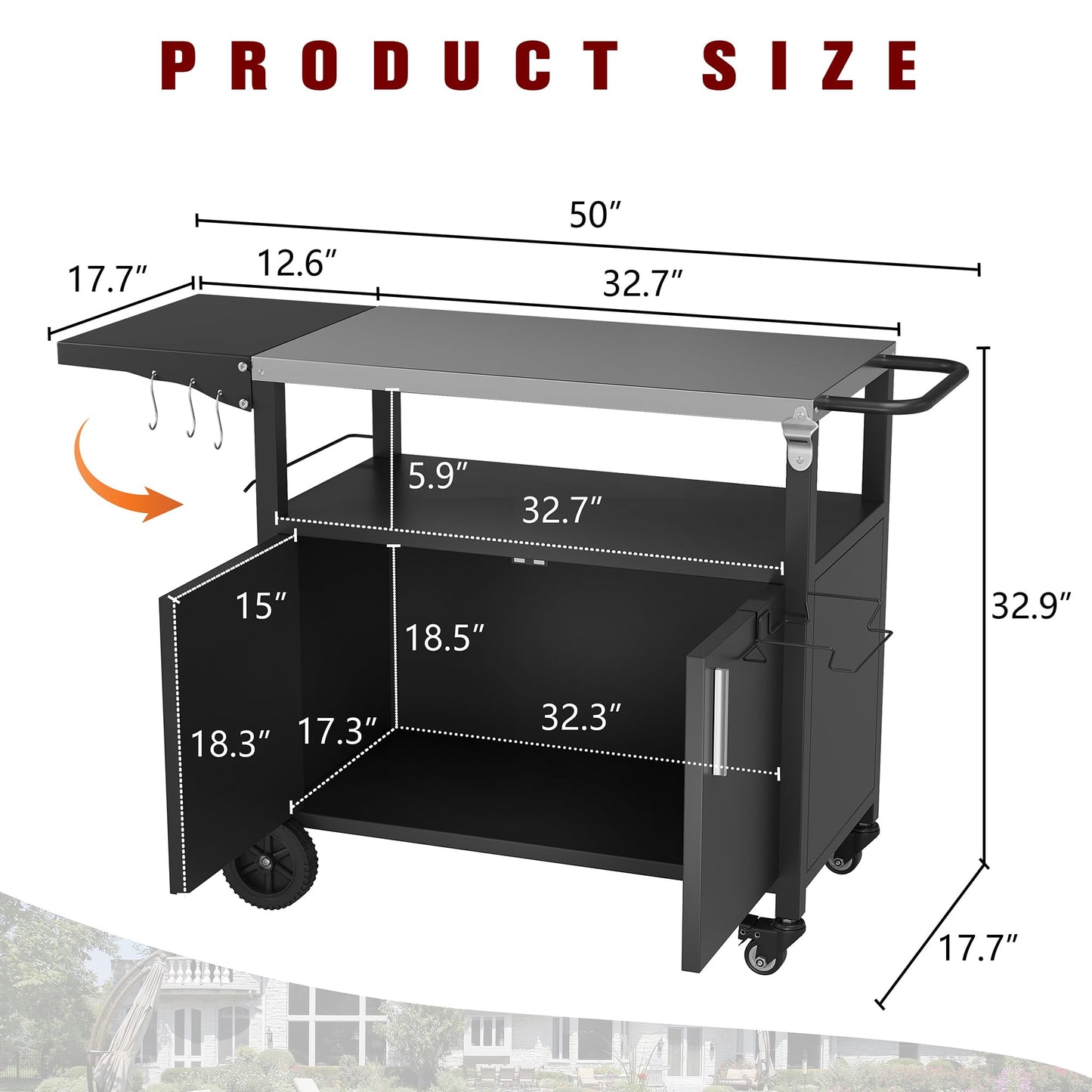 Vongrasig Grill Cart with Storage, Outdoor Bar Cart Rolling BBQ Movable Pizza Oven Table Stand with Foldable Stainless Steel Top & Storage Cabinet, Black