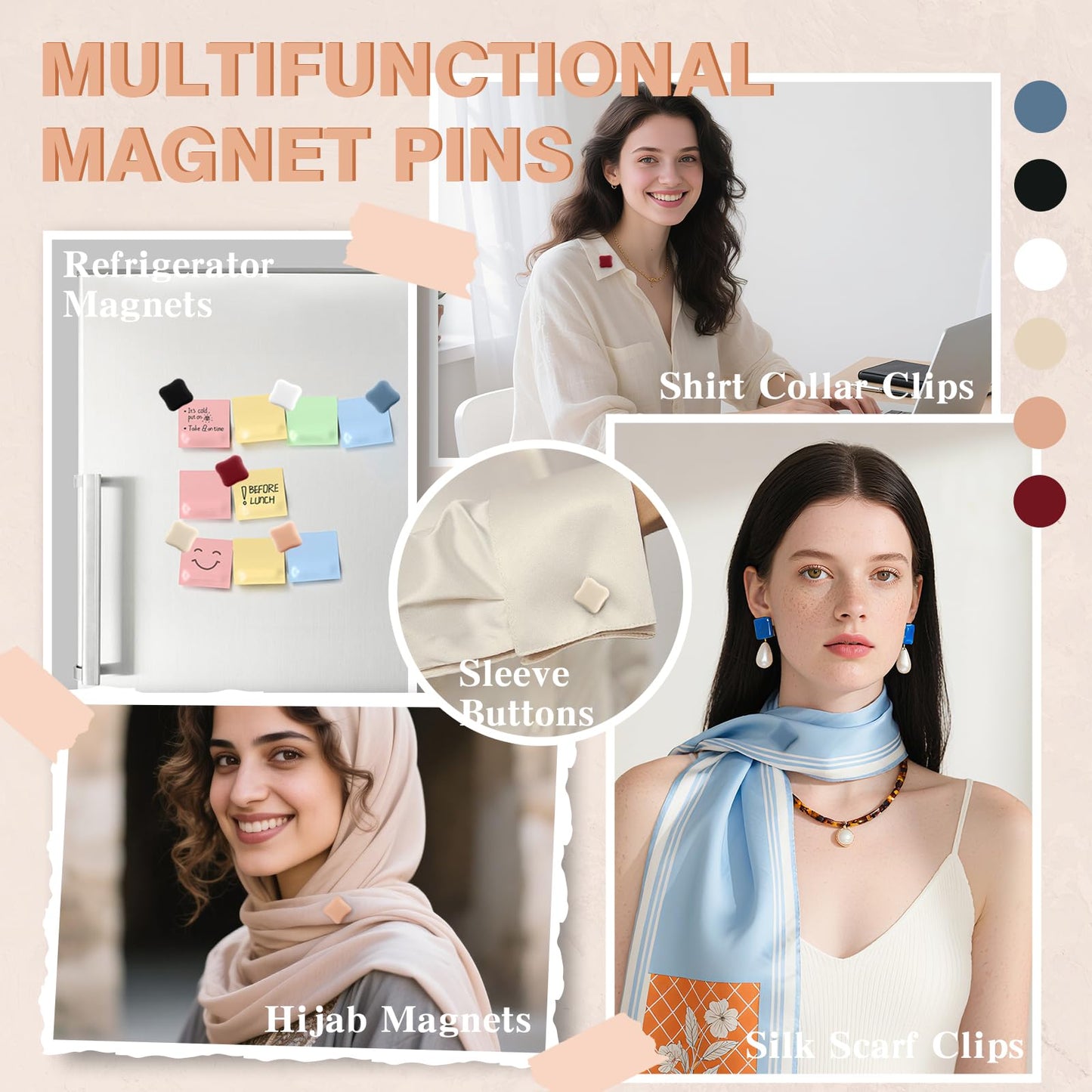 12 Pairs Hijab Magnets Strong Magnetic Hijab Pins for Women Pinless Clothing Clips for Scarf Veil Shirts Dress Muslim Islamic Gifts for Women - Square