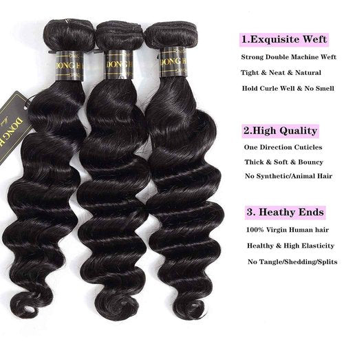 DONG H hair 12A Loose Deep Wave Bundles Human Hair 3 Bundles Brazilian Virgin Loose Deep 100% Unprocessed Loose Wave Bundles Human Hair for Women(16" 18" 20",3 bundles)