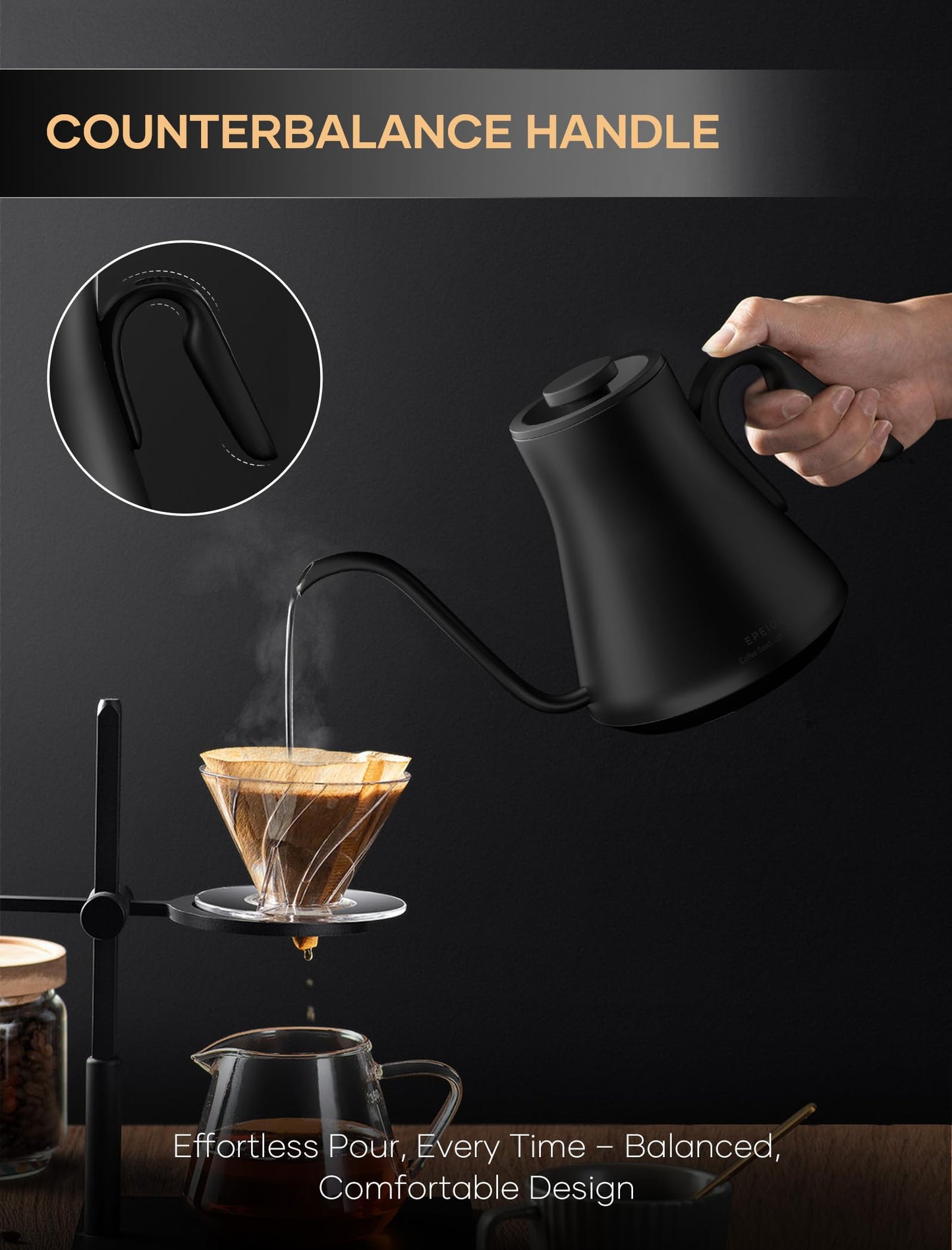 INTASTING Electric Kettle, Gooseneck Electric Kettle, ±1℉ Temperature Control, Stainless Steel Inner, Quick Heating, for Pour Over Coffee, Brew Tea, Boil Hot Water, 1500W/0.9L Black