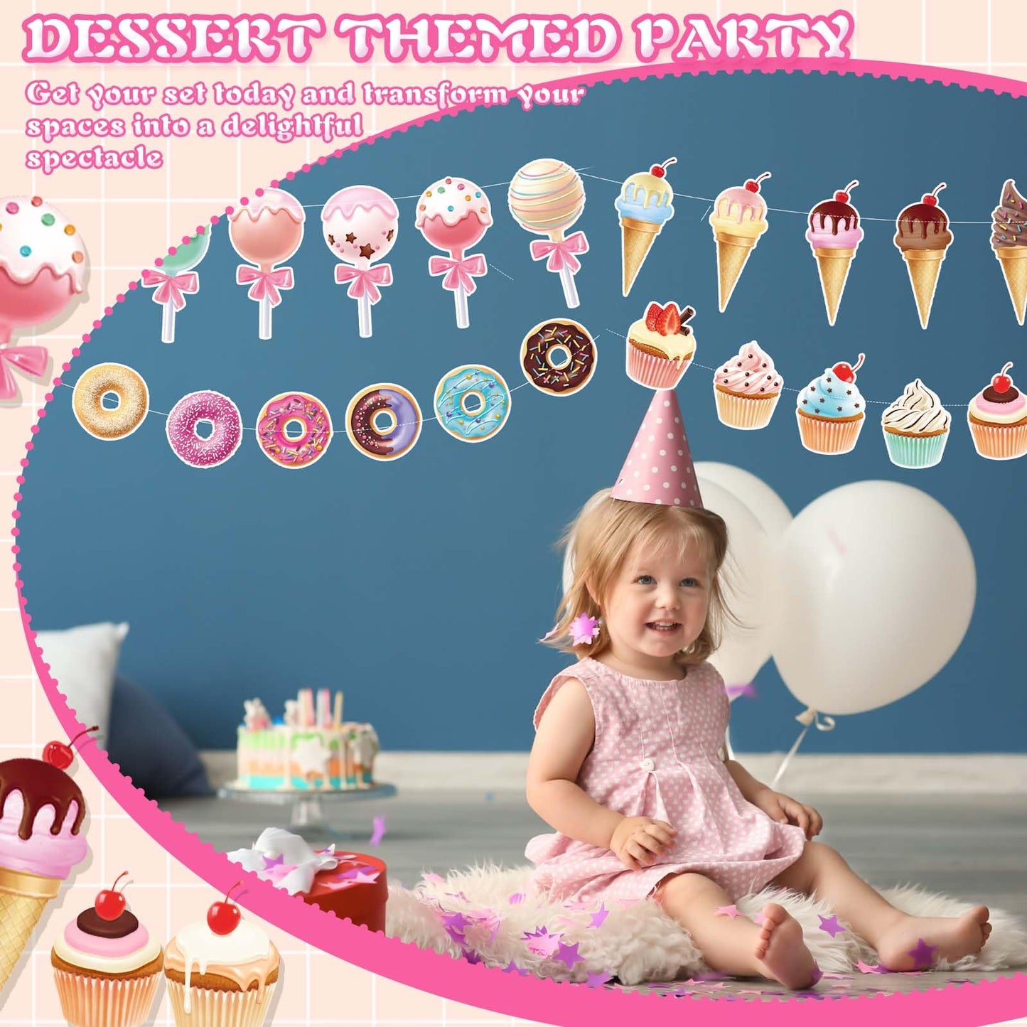 Saypacck 64 Pcs Candy Party Decorations Includes 8 Pack Ice Cream Party Banner Donut Theme Lollipop Cupcakes Banner Hanging Donut Garland Kit for Grow up Birthday Party Supplies