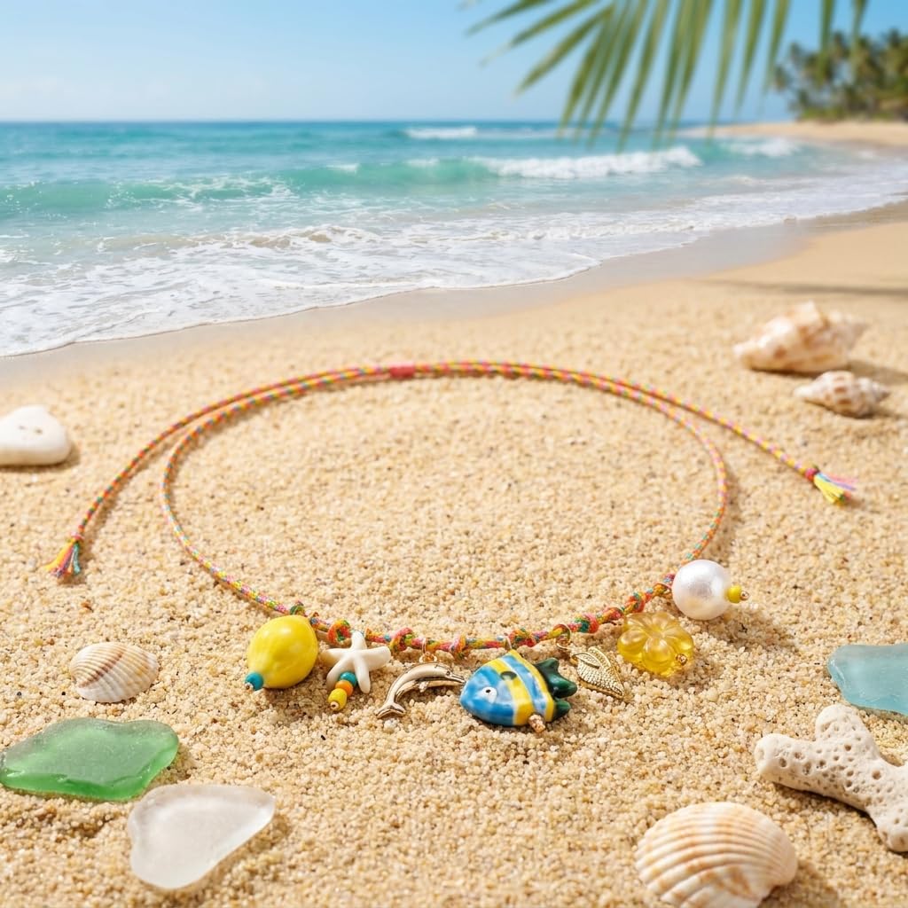 Tyebiva Colorful Beaded Necklace for Women, Summer Beach Seashell Fish Rope Necklace, Chunky Ocean Jewelry Gift for Her, Vacation Party Accessory, Handmade Fashion