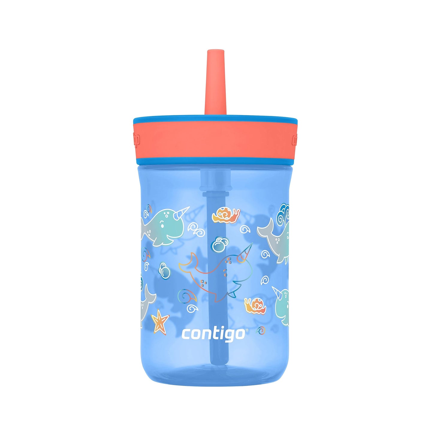 Contigo Kidsâ Leighton Straw Tumbler with Spill-Proof Leak-Proof Lid 14oz Blue Poppy/Narwhals