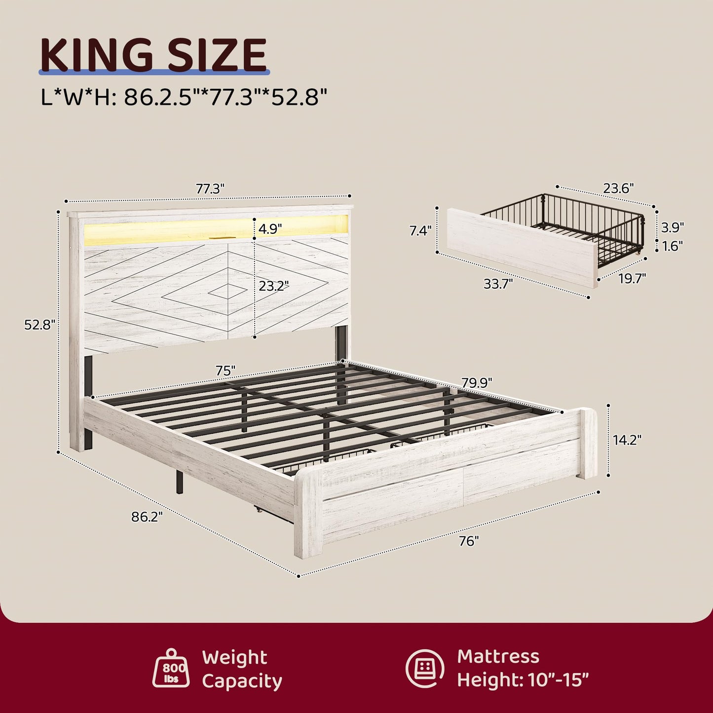 BRELTAM King Size Bed Frame with 2 Storage Drawers and Headboard Wooden Platform Bed Frame with LED Lights and Charging Station Easy Assembly/No Box Spring Needed/White