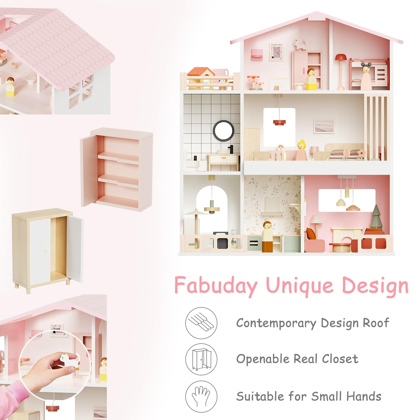 Fabuday Modern Wooden Dollhouse for Kids Girls - 8 Rooms Doll House Playset, DIY Pretend Toy Play Houses Kits with 81 Pcs Furniture Accessories, Dolls & Pets, Gift for Toddlers Ages 3+