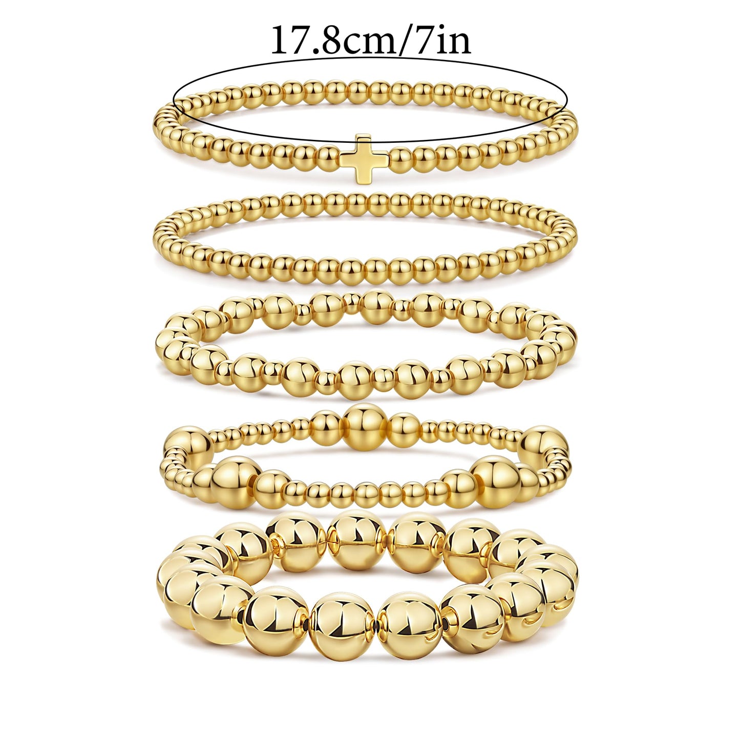 Qiuseadu Chunky Gold Beaded Stack Bracelets Beads Ball Cross Colorful Statement Bracelets Set for Women (Full Gold Statement)
