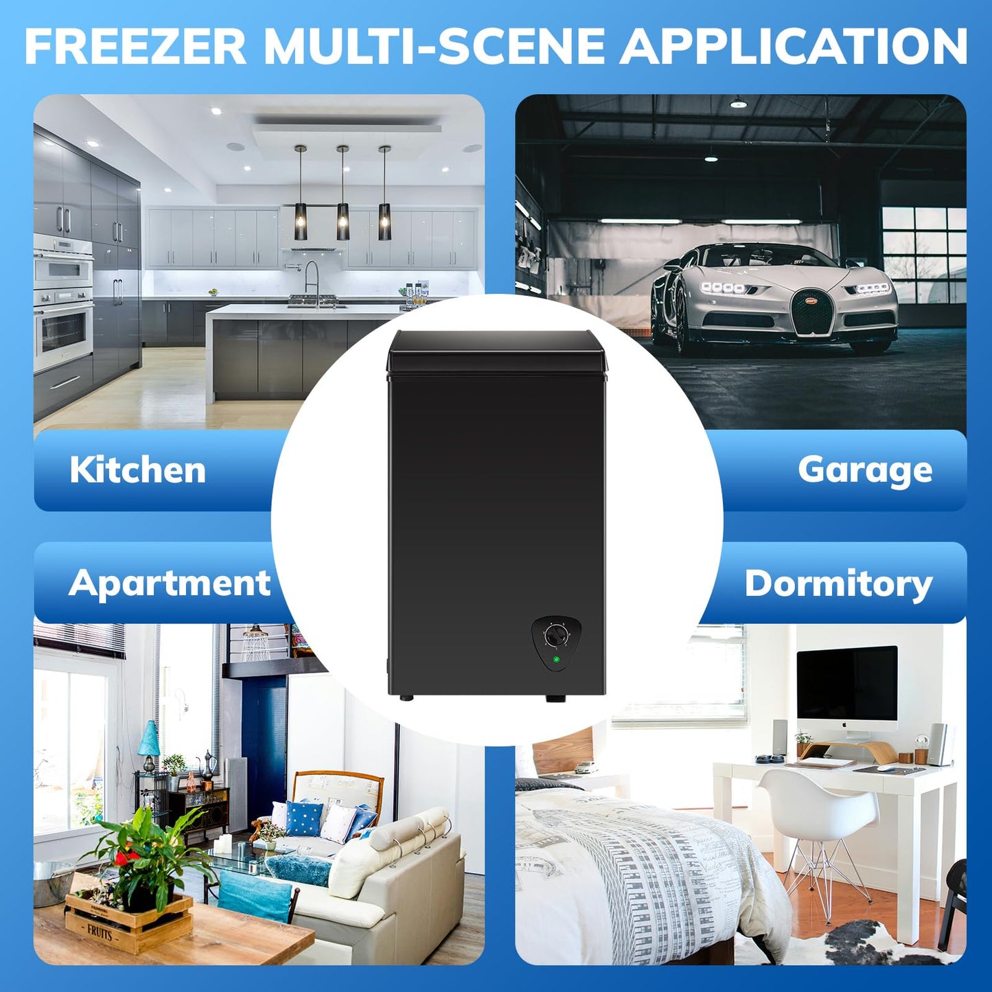 Compact 2.2 Cu.Ft Wanai Chest Freezer with 2 Removable Baskets, Mini Deep Freezer Adjustable 7 Thermostat with Top-Open Door for Home Kitchen, Black