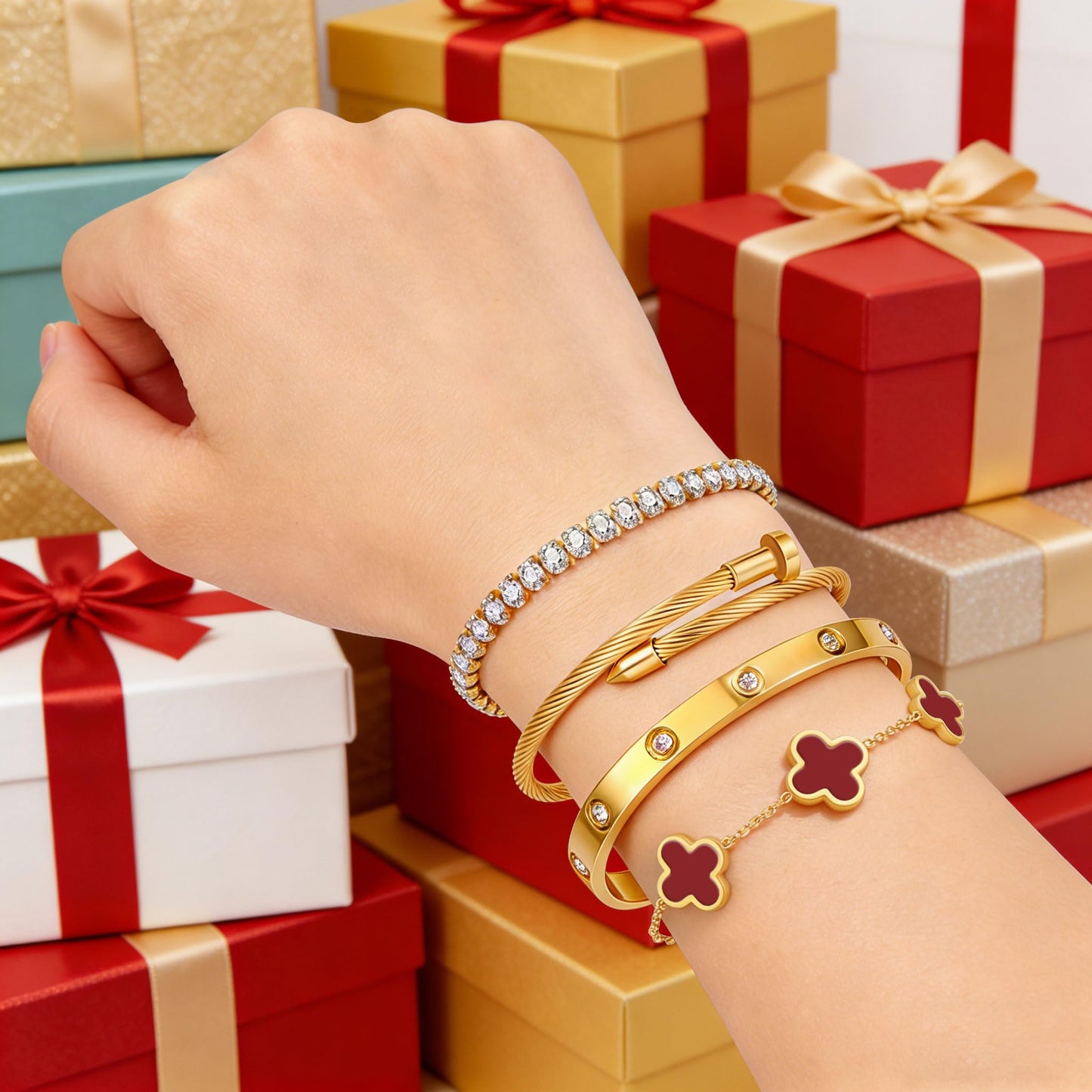 Gold Bracelets for Women, 18K Gold Plated Women Tennis Bracelets Clover Nail Love Bangle Bracelet Set, Gold Bracelet Stackable Set Trendy Jewelry, Gifts for Women's Day and Mother's Day (12-Color- 4 Red)