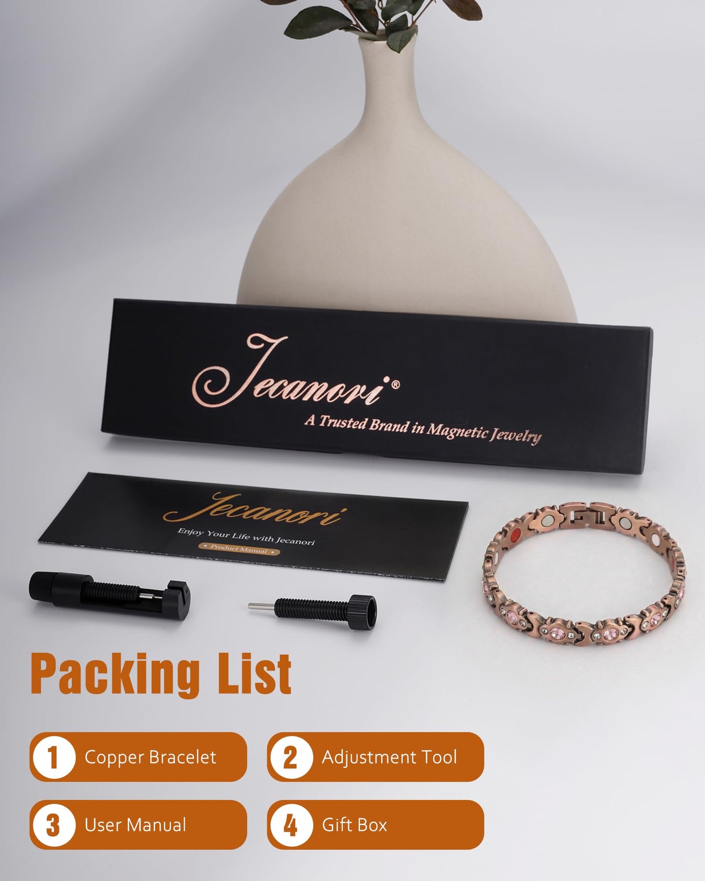 Jecanori Pure Copper Bracelet for Women, Effective Magnetic Bracelet With 4 Element Magnets & Sparkling Cubic Zirconia, Ideal Jewelry Gift