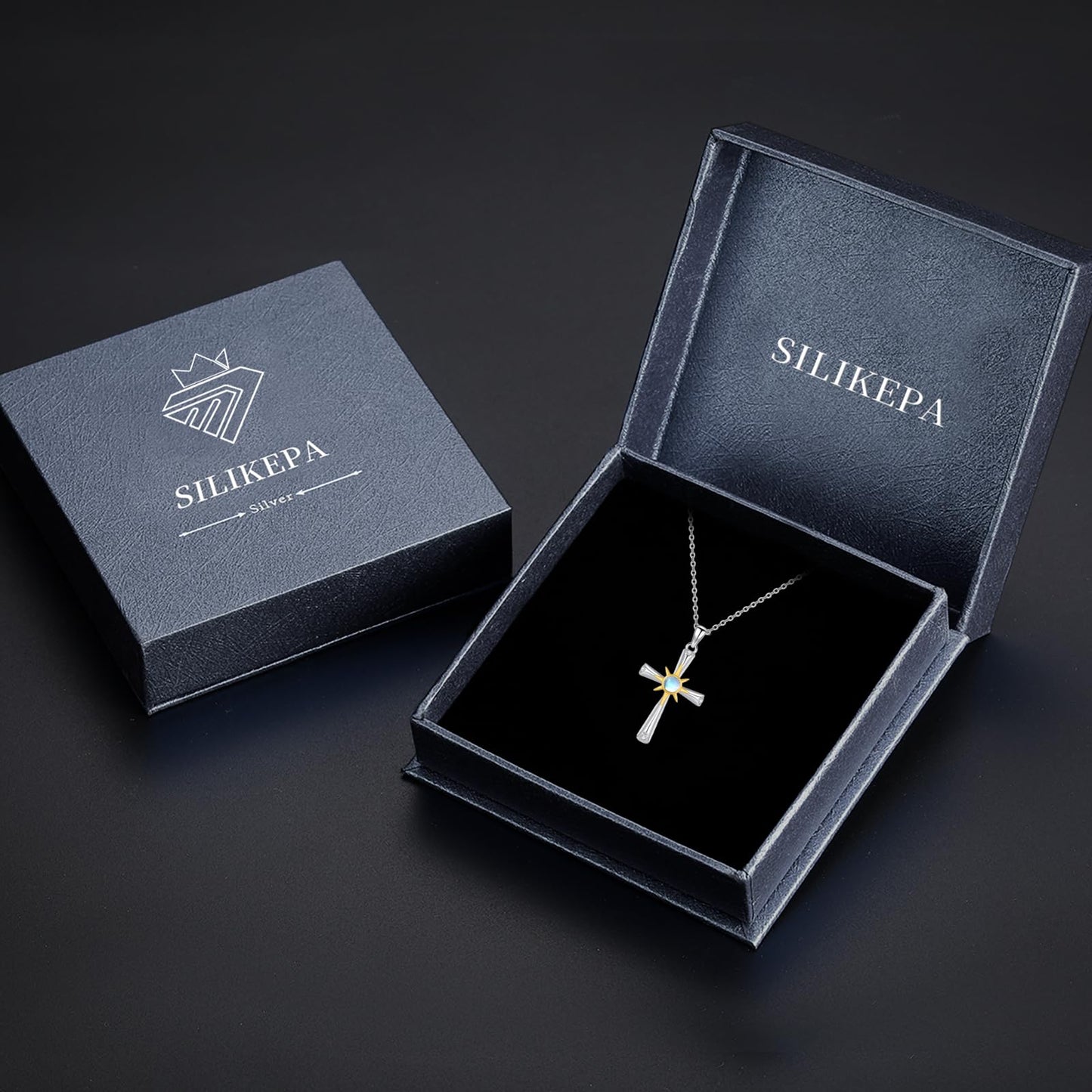 Silikepa Cross Necklace for Women 925 Sterling Silver Sun Cross Pendant Necklace with Moonstone Jewelry Gift for Women