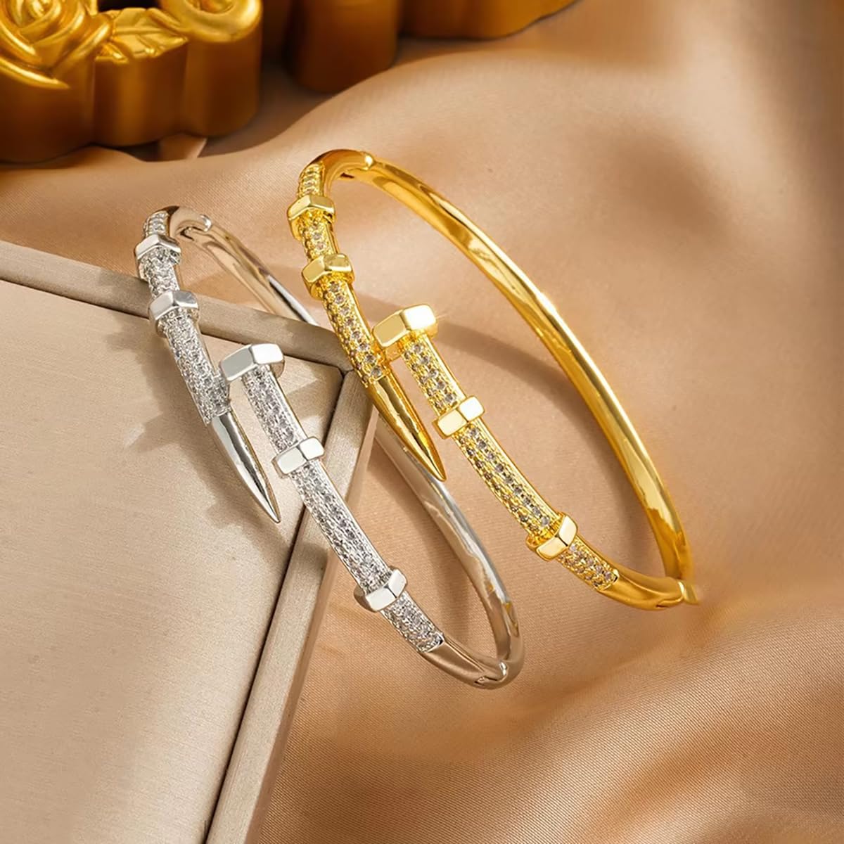 NMAVXKLI Nail Bangle Bracelet for Women 18K Gold Plated Cubic Zirconia Stones Titanium Steel Bracelet Jewelry Valentines Christmas Gifts (2PCS(Gold+Silver))