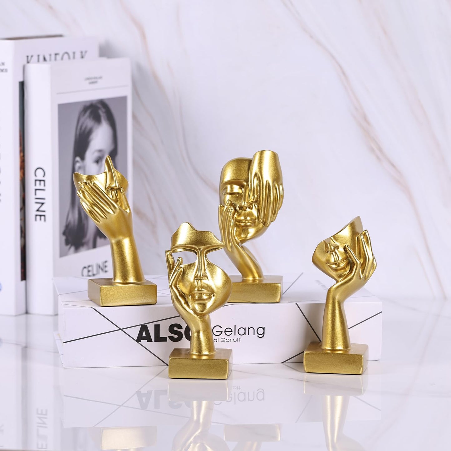 oliruim Gold Abstract Thinker Figurine Set of 4, Home Art Face Small Statue for Accents Decor Women Bedroom Shelf Bookcase Room Desk, TV Stand, Coffee Table Decor, Art Sculpture Gifts for Women (Gold)