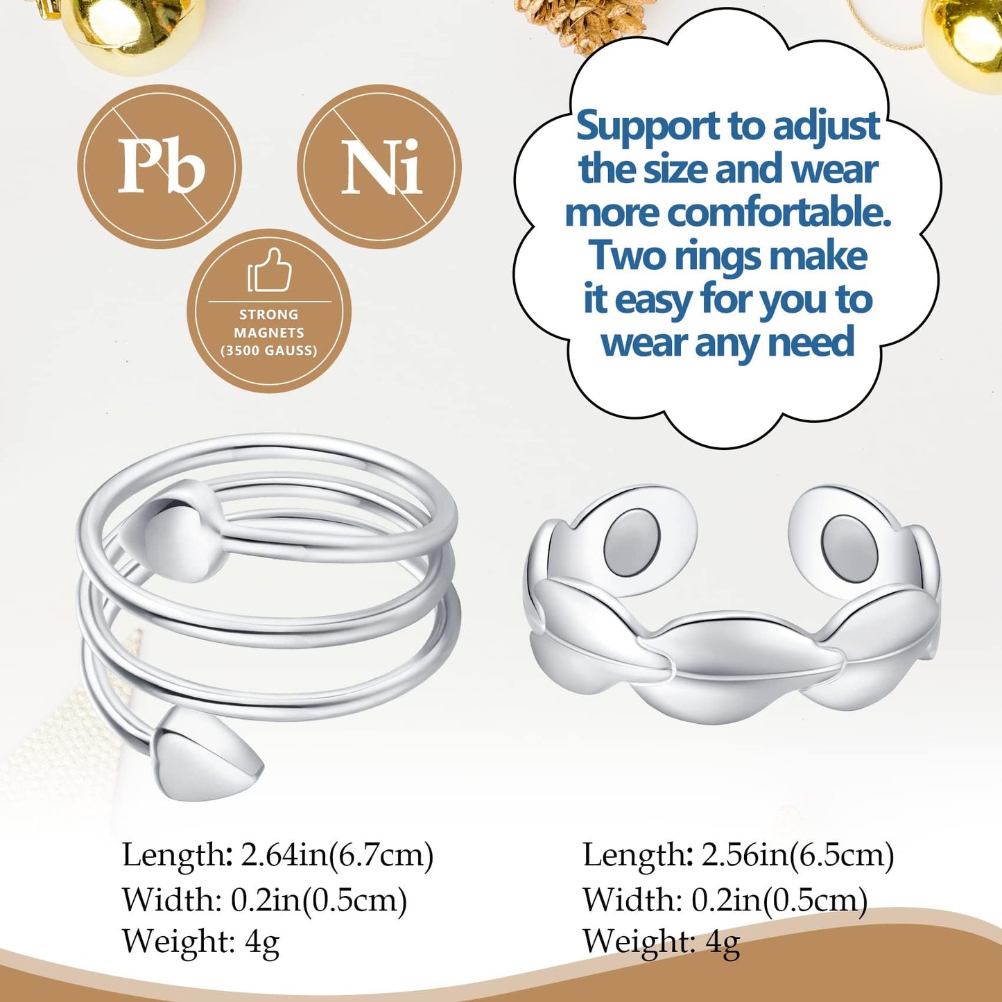 Feraco Magnetic Therapy Copper Ring for Women,99.99% Pure Copper Lymphatic Drainage Rings with Powerful 3500 Gauss Neodymium Magnets,Gifts for Women,Adjustable Length,2Pcs
