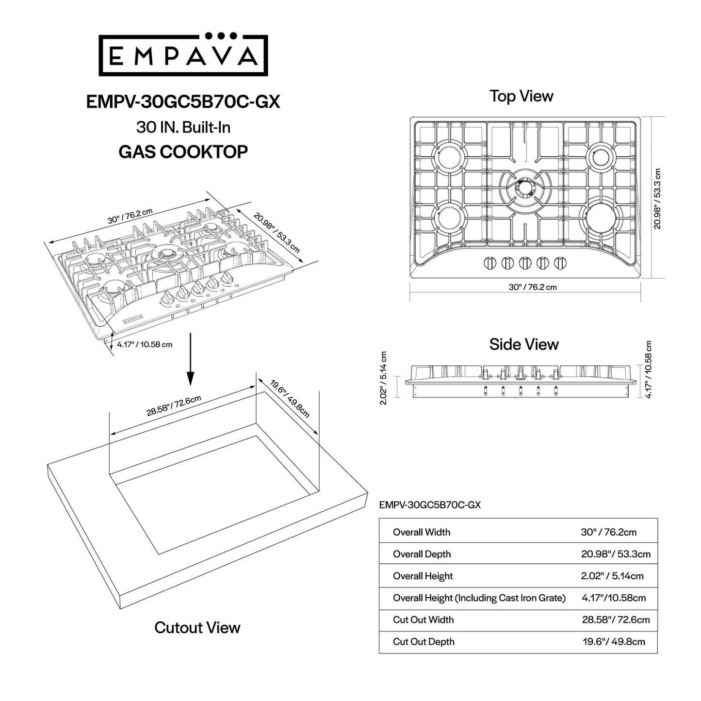 Empava Cooktop Gas 30 Inch, 5 Made in Italy SABAF Stove Burner, LPG/NG Dual Fuel Convertible, Stainless Steel, Ideal for Kitchens and RVs