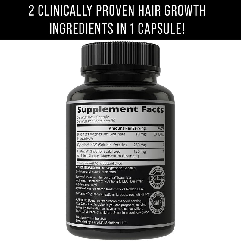 Lustriva Hair Growth Supplement + Cynatine HNS Keratin - 2 Clinically Proven Ingredients in 1 Capsule. Biotin 10000mcg and Soluble Keratin. Vitamins for Hair & Skin. Supplements for Women & Men