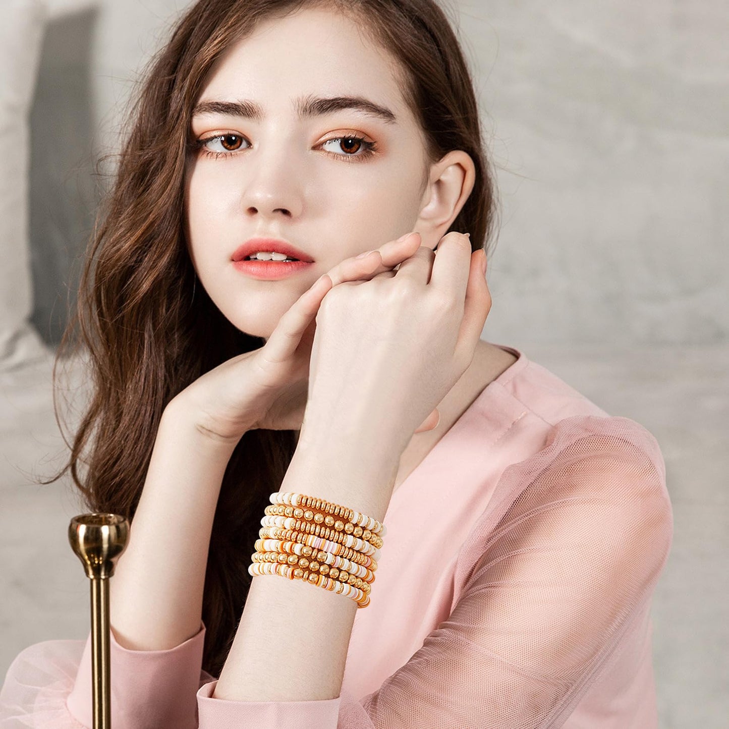 GOOJIDS Surfer Heishi Clay Bead Bracelets for Women Bohemian Stackable Gold Plated Beaded Stretch Bracelets Elastic Layering Friendship Bracelets Set Boho Jewelry