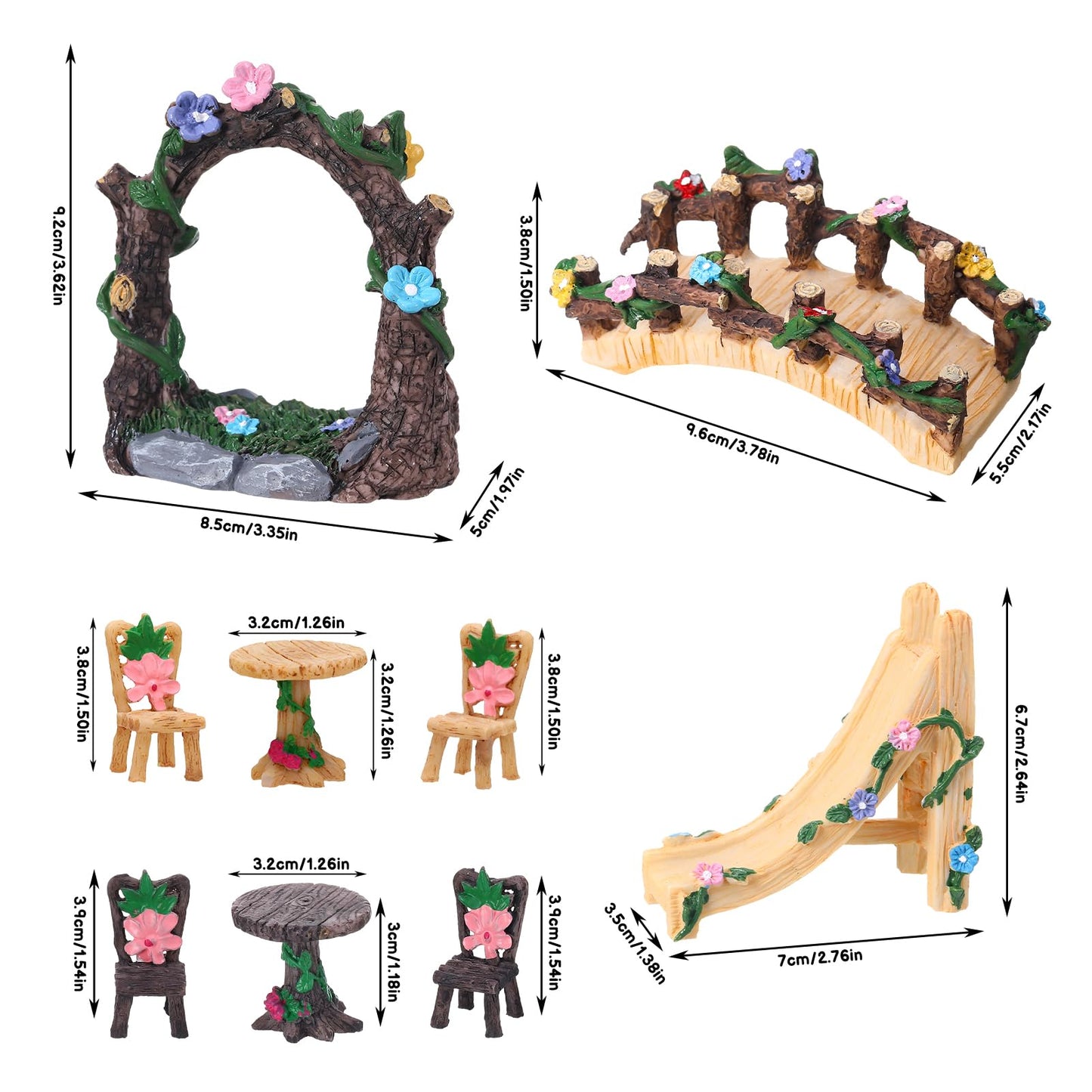 9 Pcs Fairy Garden Accessories - Miniature Garden Kit Landscape Decorations Table and Chairs Set Fairy Garden Furniture Ornaments Bridge Flower Slide Figurine for Terrarium Potted Plants, Dollhouse