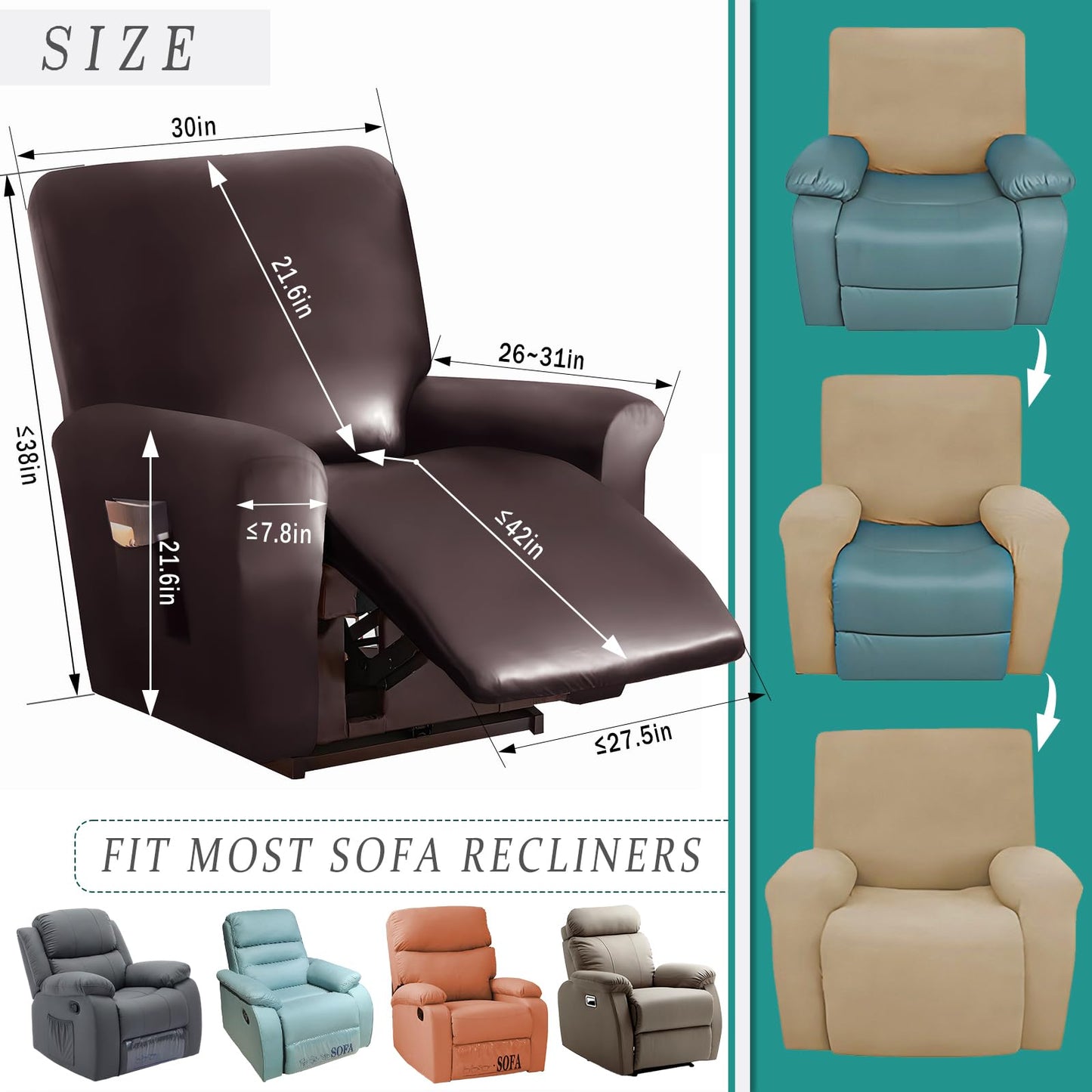 JOKIVTOU 1/2/3 Seats PU Leather Stretch Recliner Cover Sofa Cover with Side Pockets Waterproof Slipcover Recliner Couch Cover Furniture Protector with Elastic Bottom Living Room