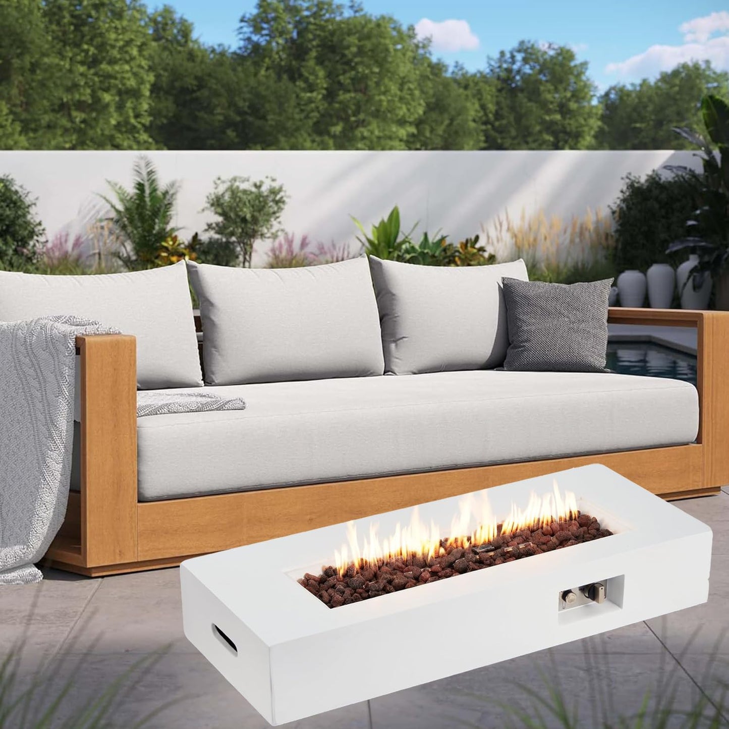 ECOTOUGE Rectangle Gas Fire Pit, 42 ''Outdoor Propane Firepit Table, Concrete Fire Table w/50,000 BTU Auto-Ignition,Shelves, Weather-Resistant Pit Cover, Lava Rocks, No Tank Holder, White