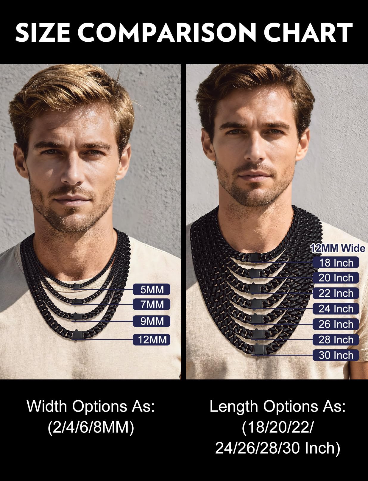 Bandmax Mens Miami Chain Necklaces 26Inch 12MM Big Heavy Cuban Necklace Chain Black Hip Hop Biker Chain Jewelry Gift for Husband Son Father