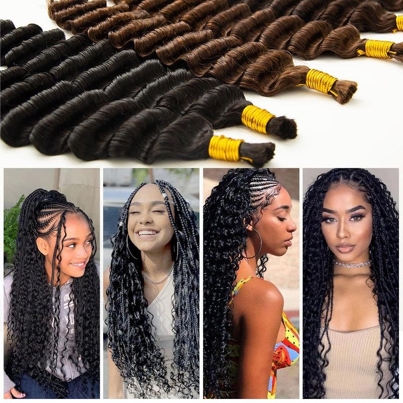 KRN Human Braiding Hair for Boho Braids, 100g/Pack (2 Bundles) Deep Curly Human Hair for Braiding No Weft 12A Grade Brazilian Virgin Hair Boho Braids Color 4# 16Inch