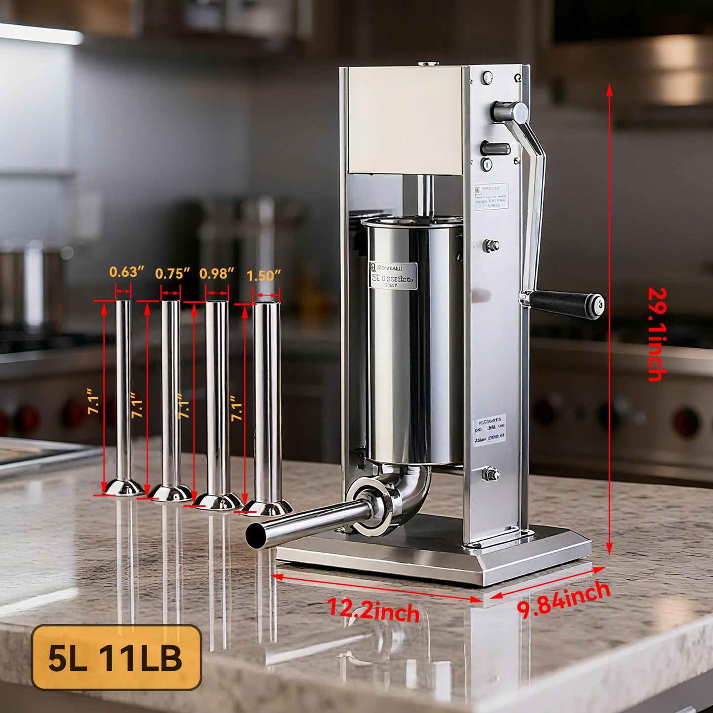 Malphi 11 Lb/5L Sausage Stuffer 2 Speed Stainless Steel Vertical Sausage Maker with 4 Filling Tubes