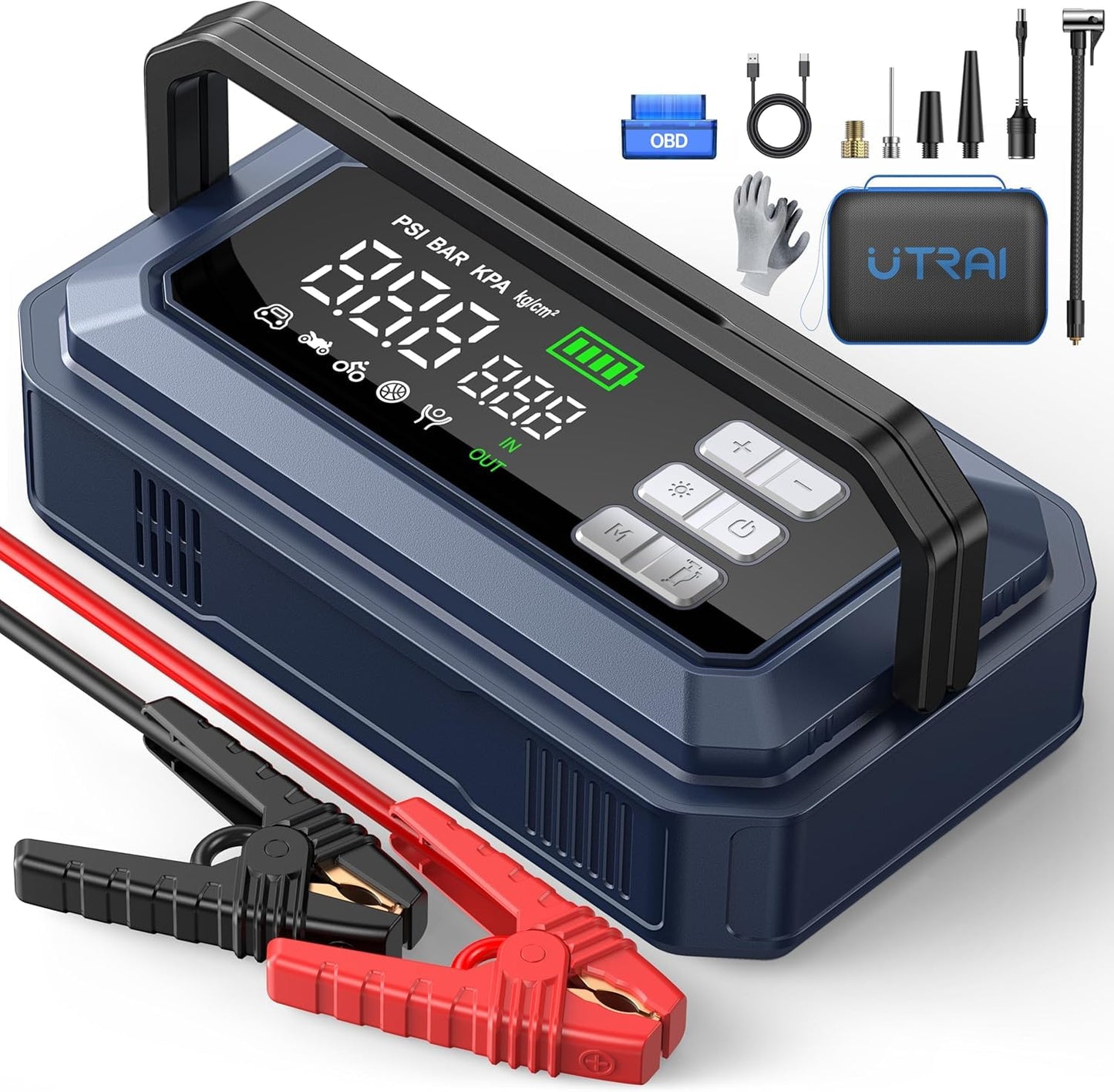 UTRAI Jump Starter with Air Compressor 150PSI, 8000A Peak 12V Jump Box for Car Battery (All Gas/12.0L Diesel), 160W DC Output Car Jumper Starter Portable, Jump Pack with OBD II Scanner, LED Light