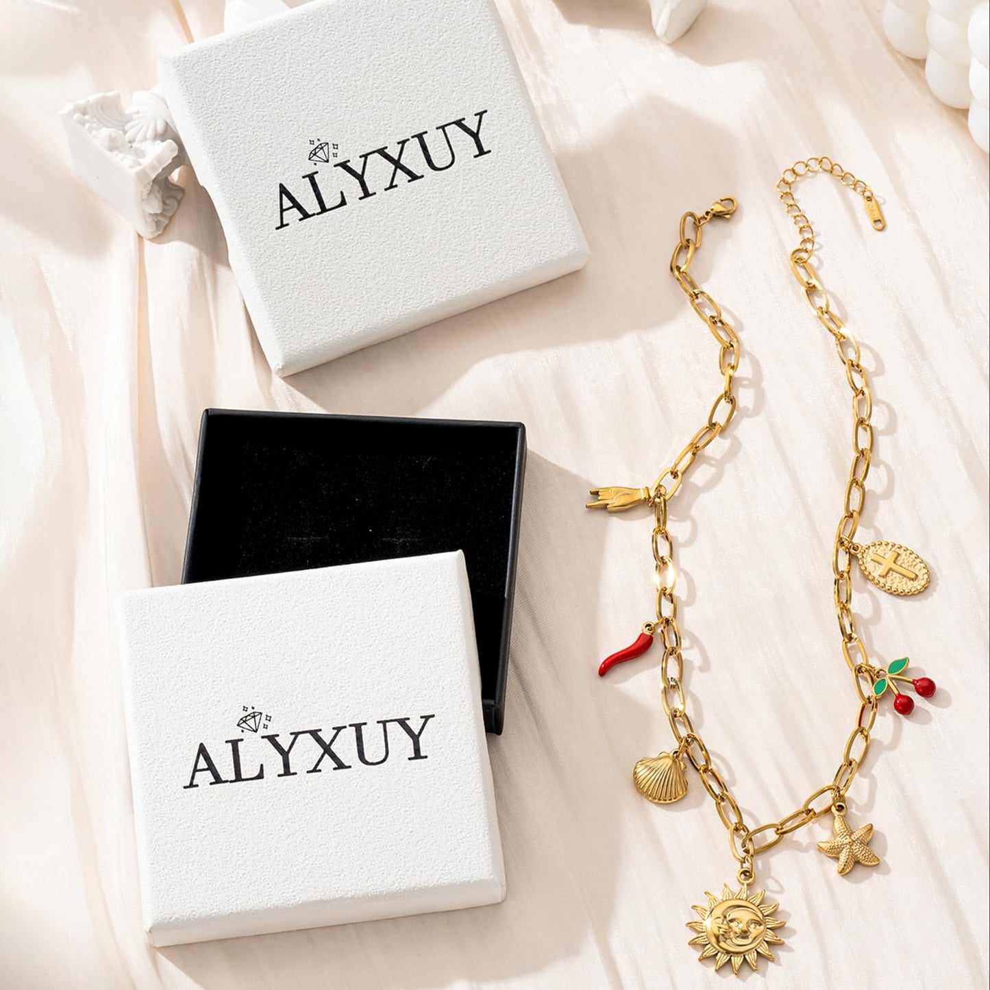 Trendy Stainless Steel Gold Plated Charm Necklace with Heart Pearl Pepper Conch Ceramic Pendant Necklace for Women Collares Chokers Jewelry (Sun Necklace)
