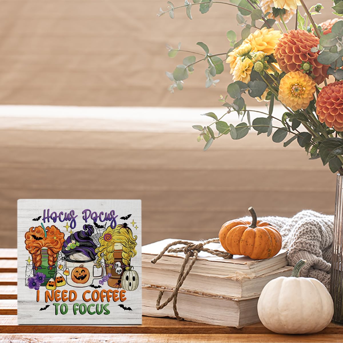 Halloween Coffee Decor Gifts for Women Sister Hocus Pocus Halloween Wood Decorations Sign for Home Farmhouse Office Bathroom Desk Shelf 5 x 5 Inches