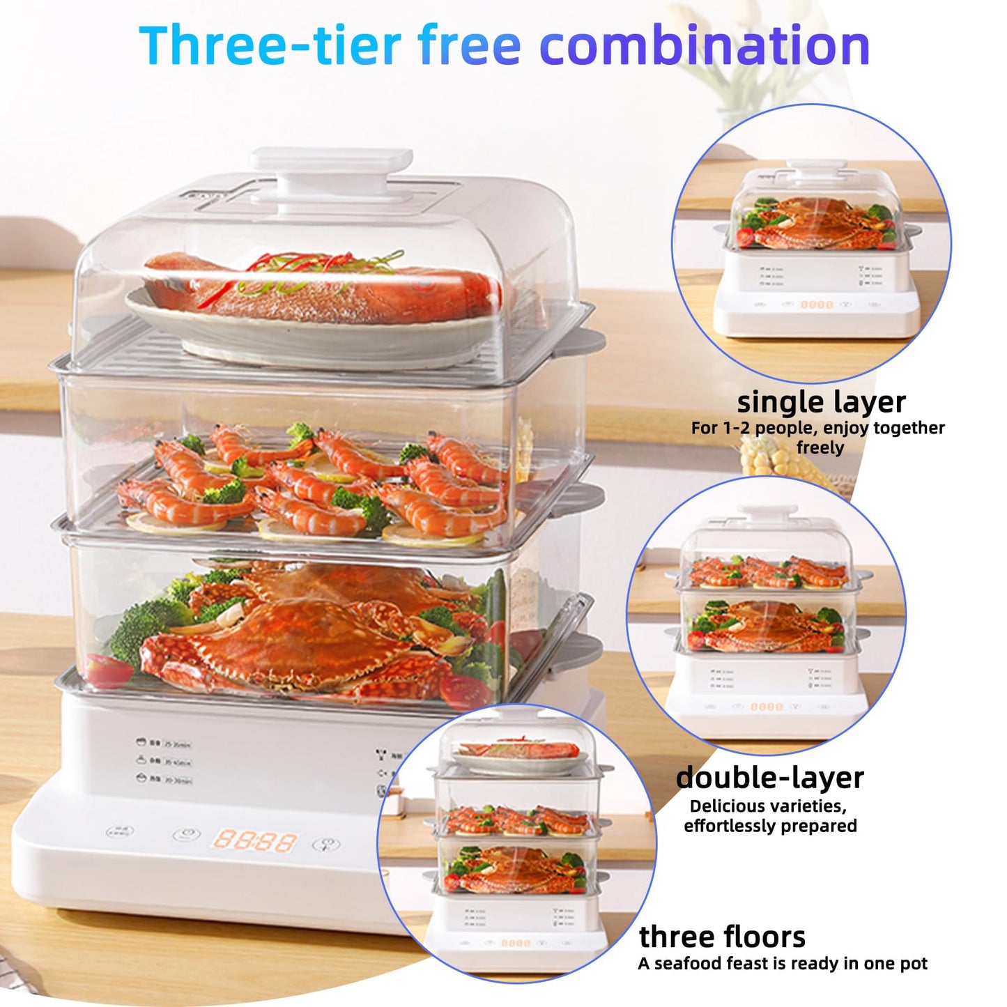 Electric Food Steamer, 3 Layers Food Steamer, 800W Commercial Stainless Steel Steamer, 22L/23QT Large Capacity Breakfast Machine with Timer, for Home, Restaurant, Party