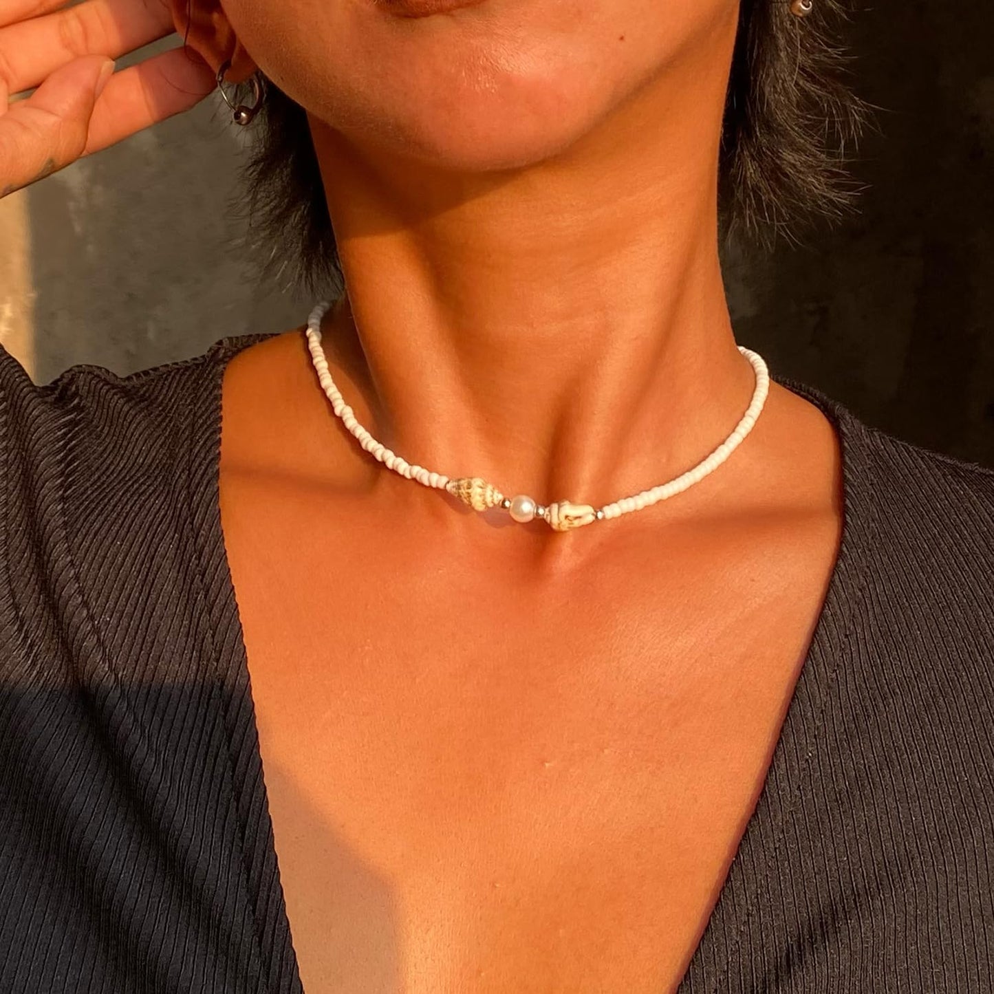 Lameybrt Cowrie Shell Surfer Necklaces, Hawaiian Beach Handmade Choker Set for Women, White Rice Bead with Black Accents, Bohemian Summer Seashell Choker 2 Piece Set, Perfect for Summer Beach Vacation, Birthday, Mother’s Day & Holiday Gifts (Shell KL05)