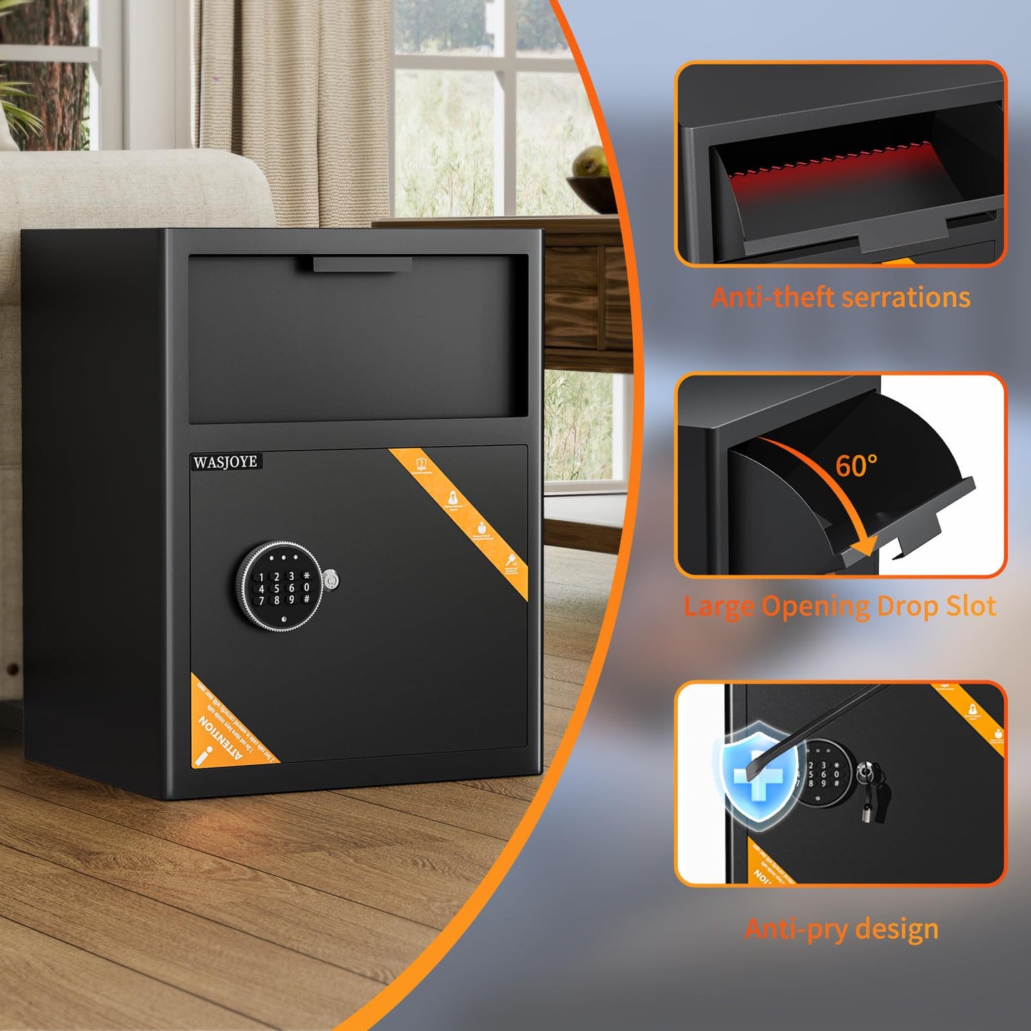 WASJOYE Depository Drop Cabinet Safe - 2.6 Cubic Feet Large Size with Digital Keypad Lock and Anti Theft, Business Security Safe Box with Alarm Function, Large Drop Slot Box for Cash Slip Office Home