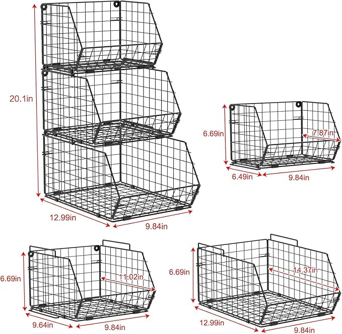 X-cosrack Stackable Wire Baskets for Counter, Fruit and Vegetable Storage, Potato and Onion Storage Bin,Kitchen Pantry Organizer - Wall Basket for Produce/Snack/Can, 3-tier Large, Black