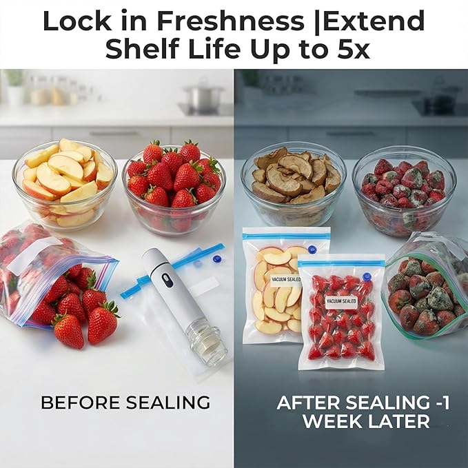 Vacuum Sealer + 15 Reusable Vacuum Bags Powerful Portable Vacuum Sealer for Food,White