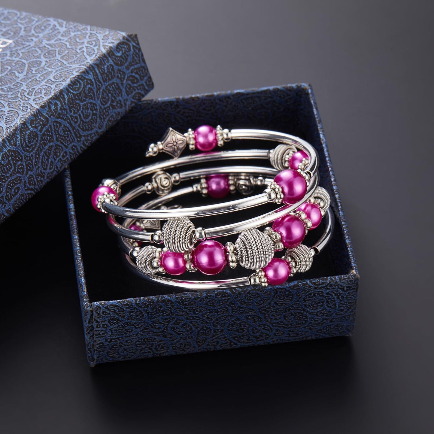 PEARL&CLUB Beaded Chakra Bangle Turquoise Bracelet - Fashion Jewelry Wrap Bracelet with Thick Silver Metal and Mala Beads, Birthday Gifts For Women(Fuchsia)